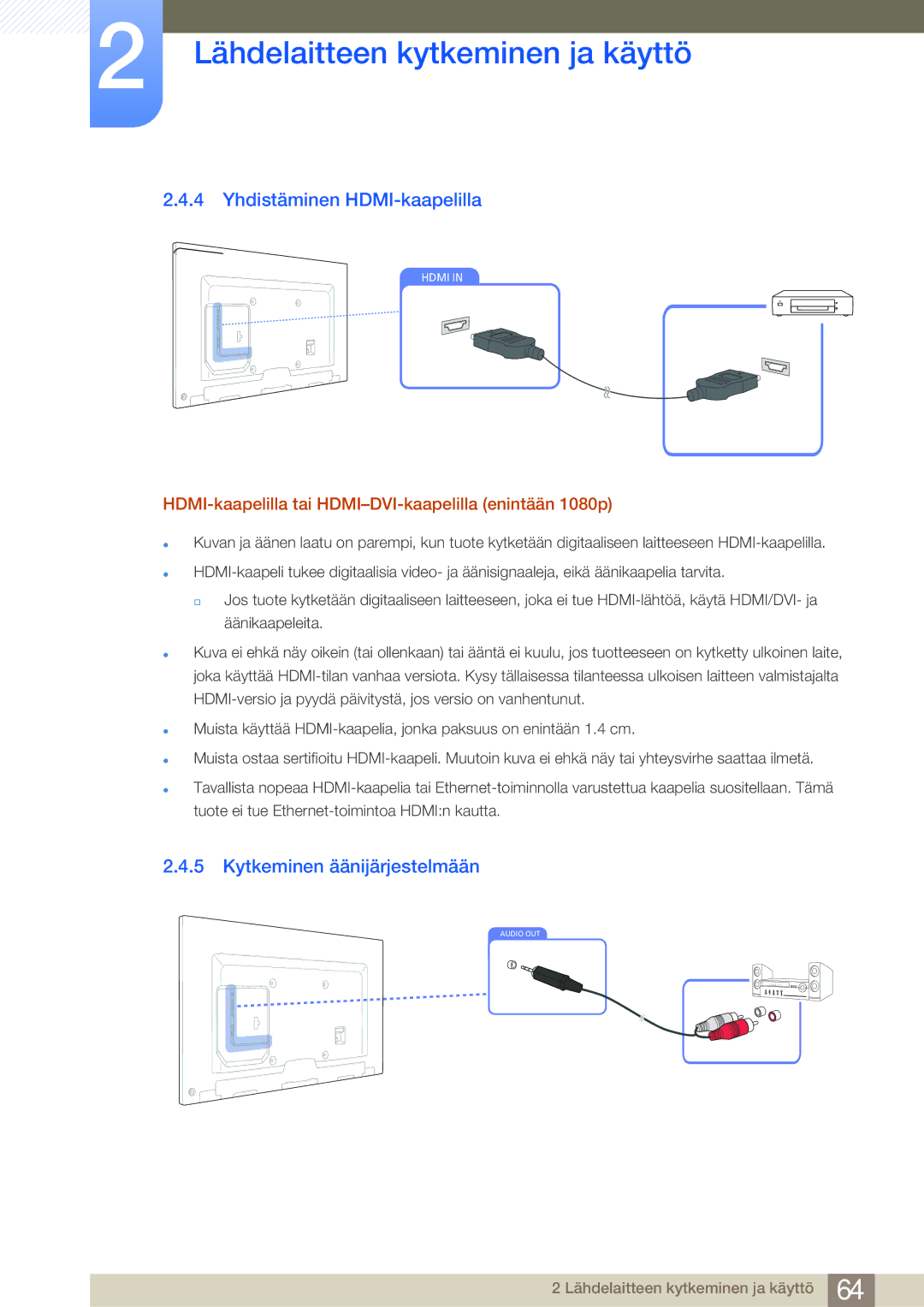 Samsung LH65MEBPLGC/EN, LH75MEBPLGC/EN manual Yhdistäminen HDMI-kaapelilla, Kytkeminen äänijärjestelmään 