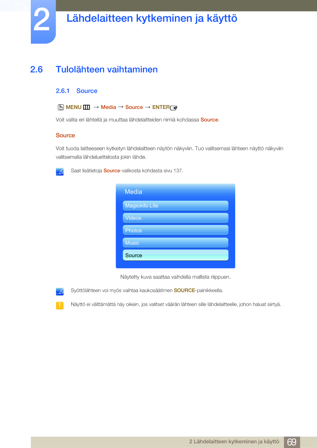 Samsung LH75MEBPLGC/EN, LH65MEBPLGC/EN manual Tulolähteen vaihtaminen, Menu m Media Source Enter 