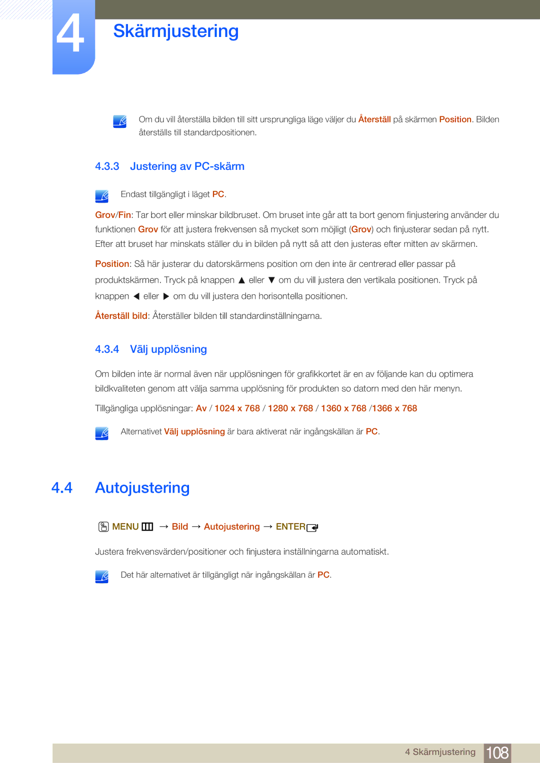 Samsung LH65MEBPLGC/EN, LH75MEBPLGC/EN manual Justering av PC-skärm, 4 Välj upplösning, Menu m Bild Autojustering Enter 