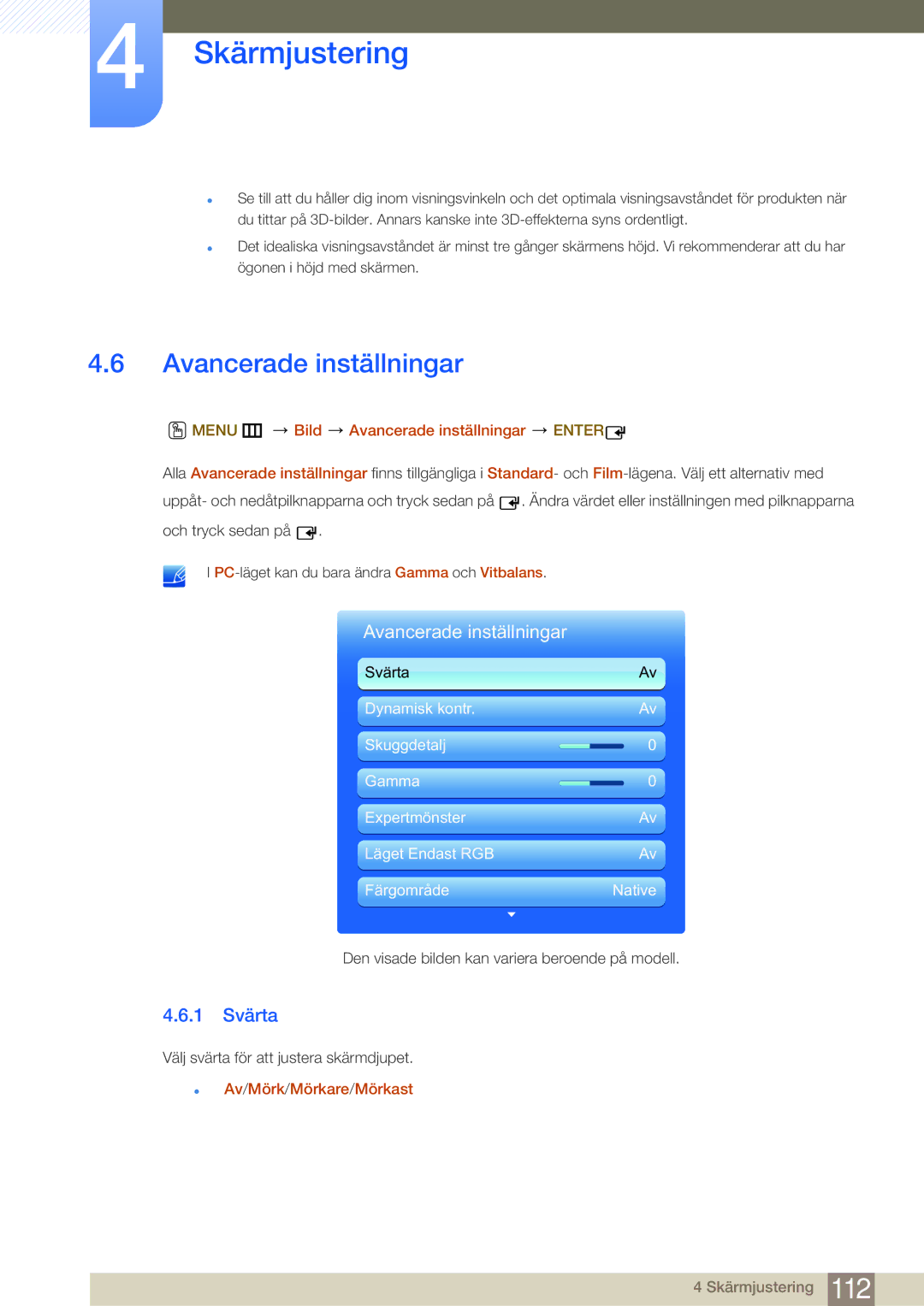 Samsung LH65MEBPLGC/EN, LH75MEBPLGC/EN 1 Svärta, Menu m Bild Avancerade inställningar Enter, Av/Mörk/Mörkare/Mörkast 