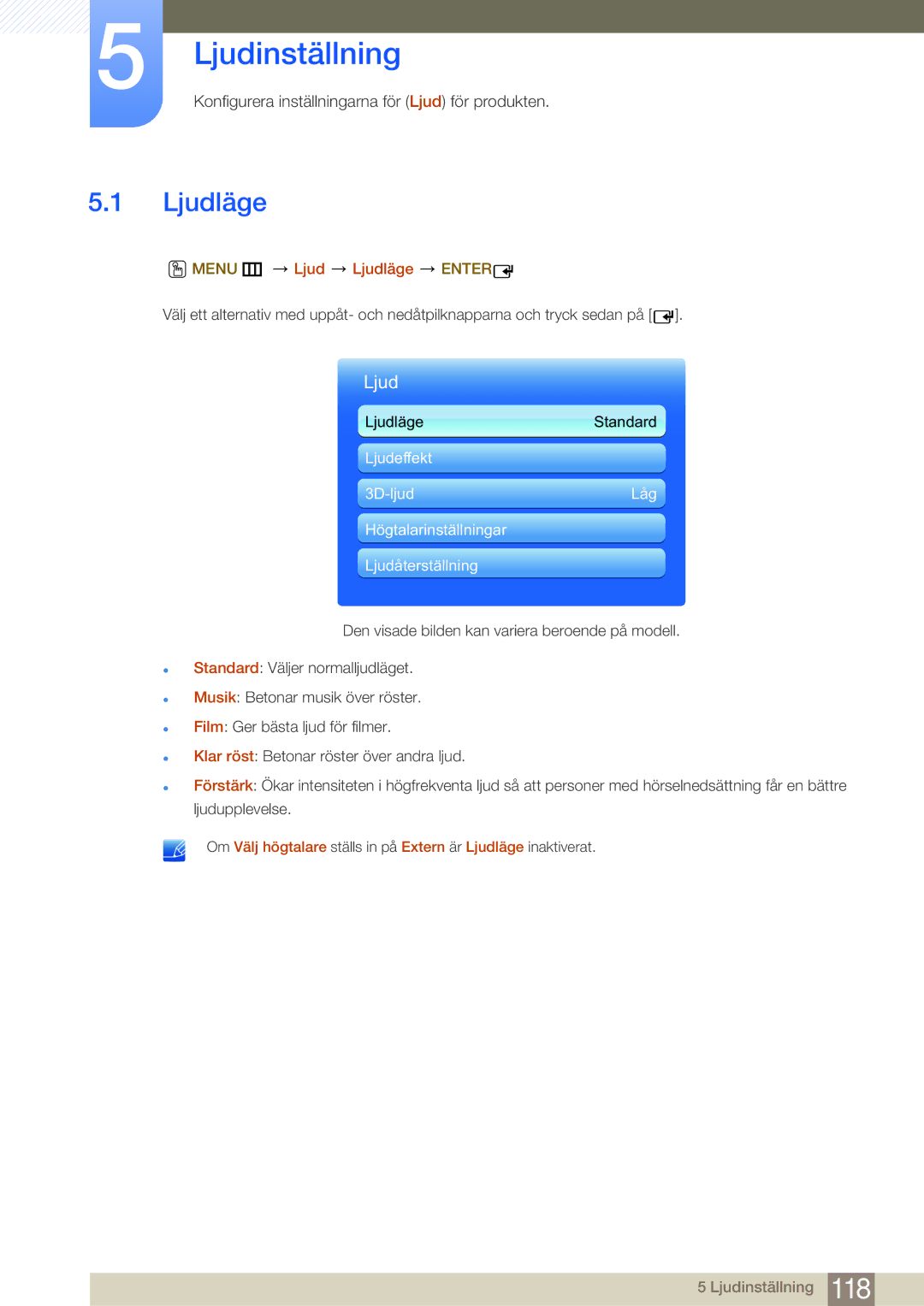Samsung LH65MEBPLGC/EN, LH75MEBPLGC/EN manual Ljudinställning, Menu m Ljud Ljudläge Enter 