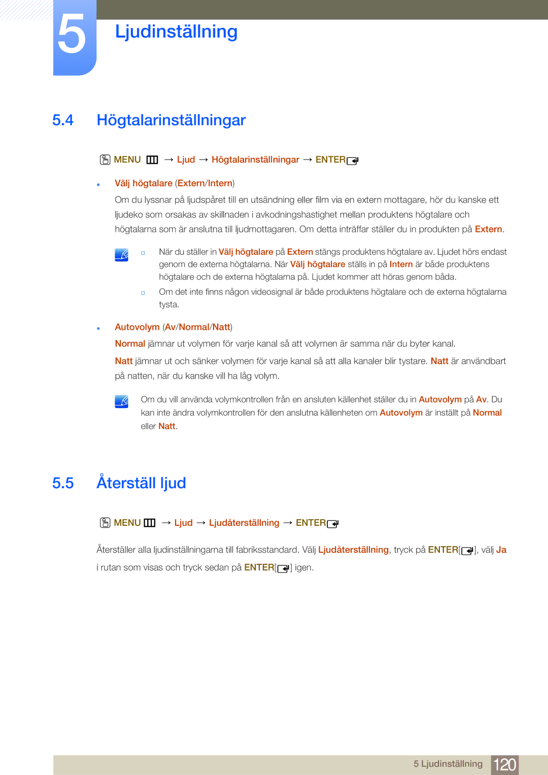 Samsung LH65MEBPLGC/EN, LH75MEBPLGC/EN manual Högtalarinställningar, Återställ ljud, Autovolym Av/Normal/Natt 