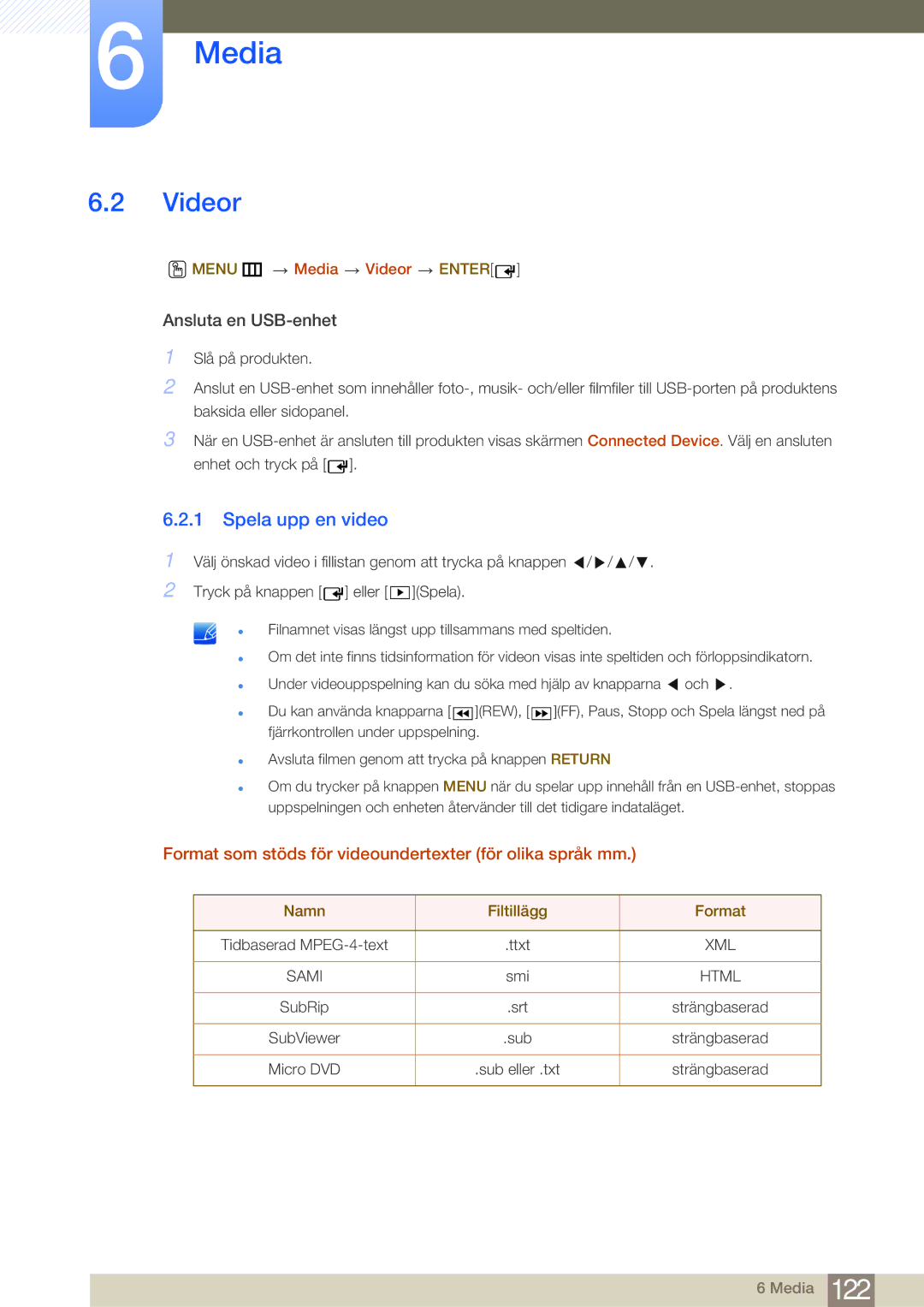 Samsung LH65MEBPLGC/EN manual Videor, Spela upp en video, Format som stöds för videoundertexter för olika språk mm 