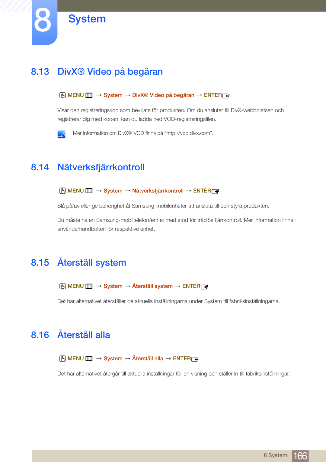 Samsung LH65MEBPLGC/EN manual DivX Video på begäran, 14 Nätverksfjärrkontroll, 15 Återställ system, 16 Återställ alla 