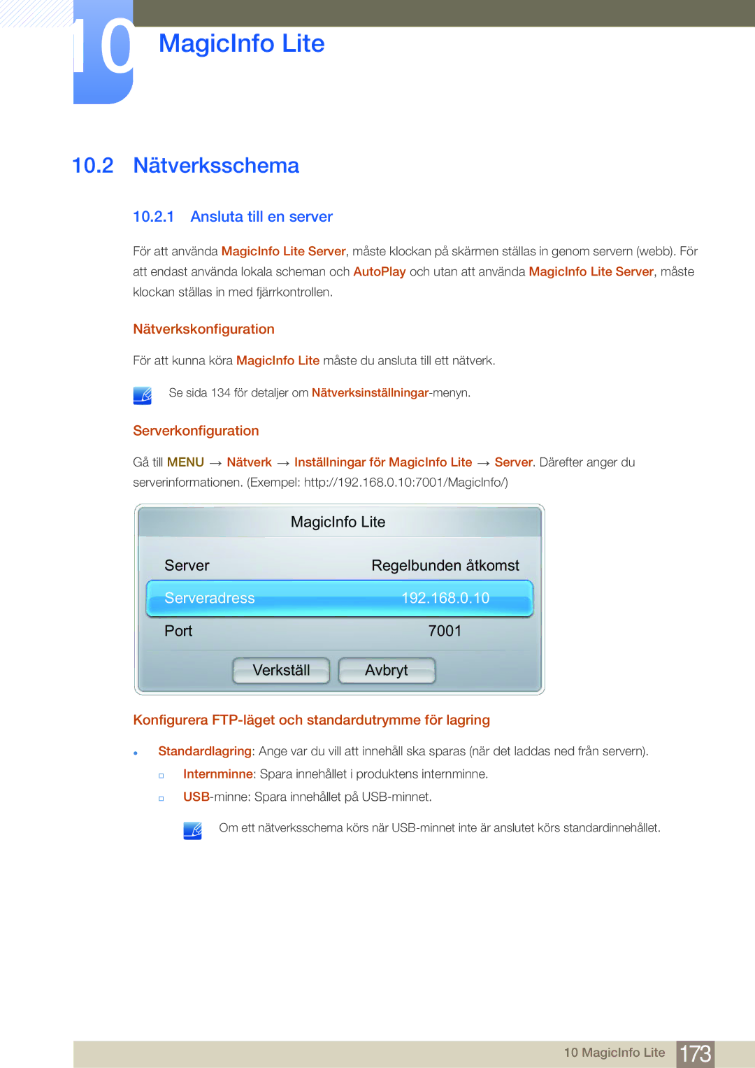 Samsung LH75MEBPLGC/EN manual 10.2 Nätverksschema, Ansluta till en server, Nätverkskonfiguration, Serverkonfiguration 