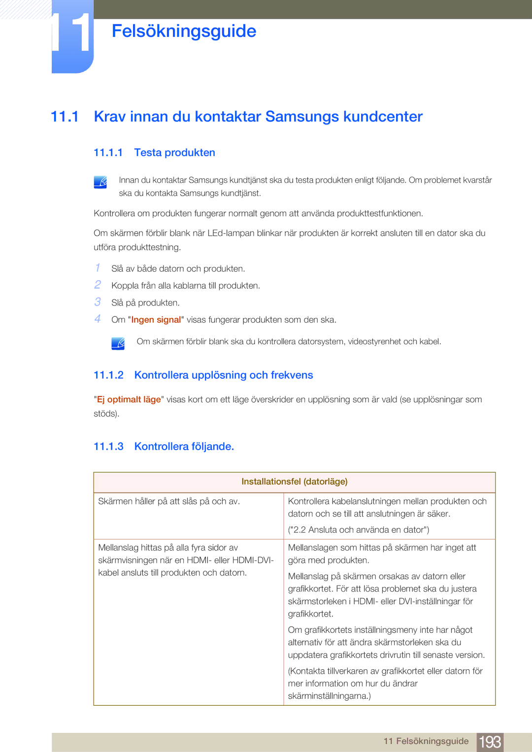 Samsung LH75MEBPLGC/EN, LH65MEBPLGC/EN manual Felsökningsguide, Krav innan du kontaktar Samsungs kundcenter, Testa produkten 