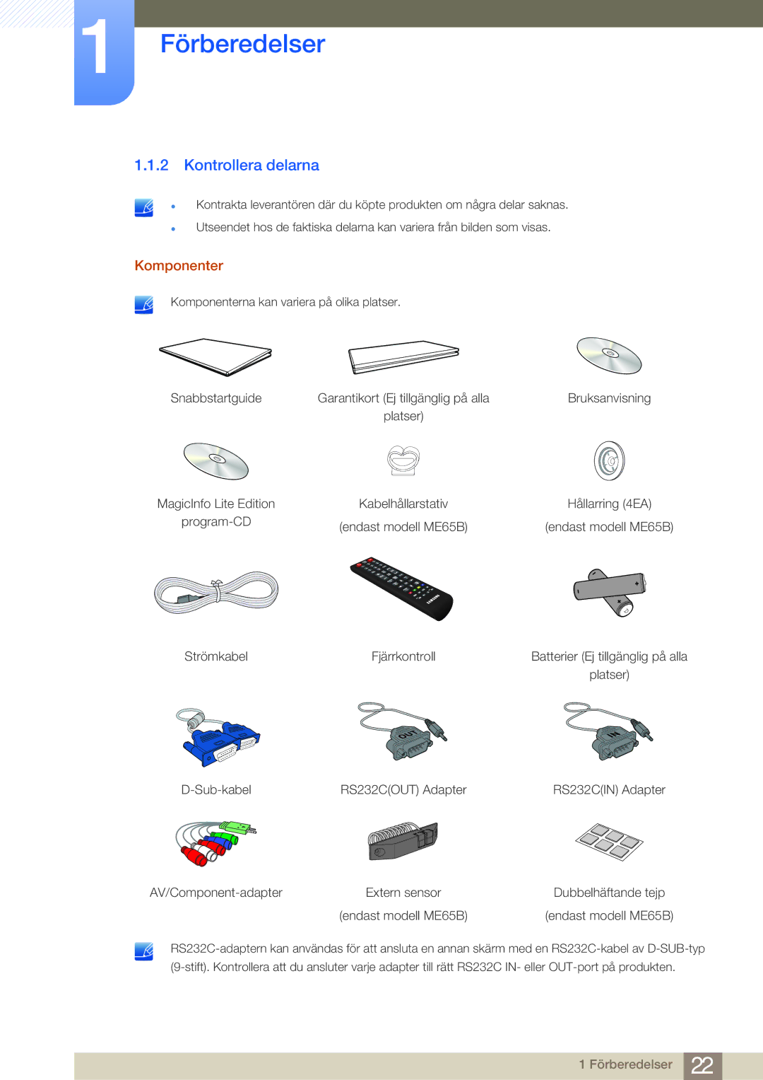 Samsung LH65MEBPLGC/EN, LH75MEBPLGC/EN manual Kontrollera delarna, Komponenter 