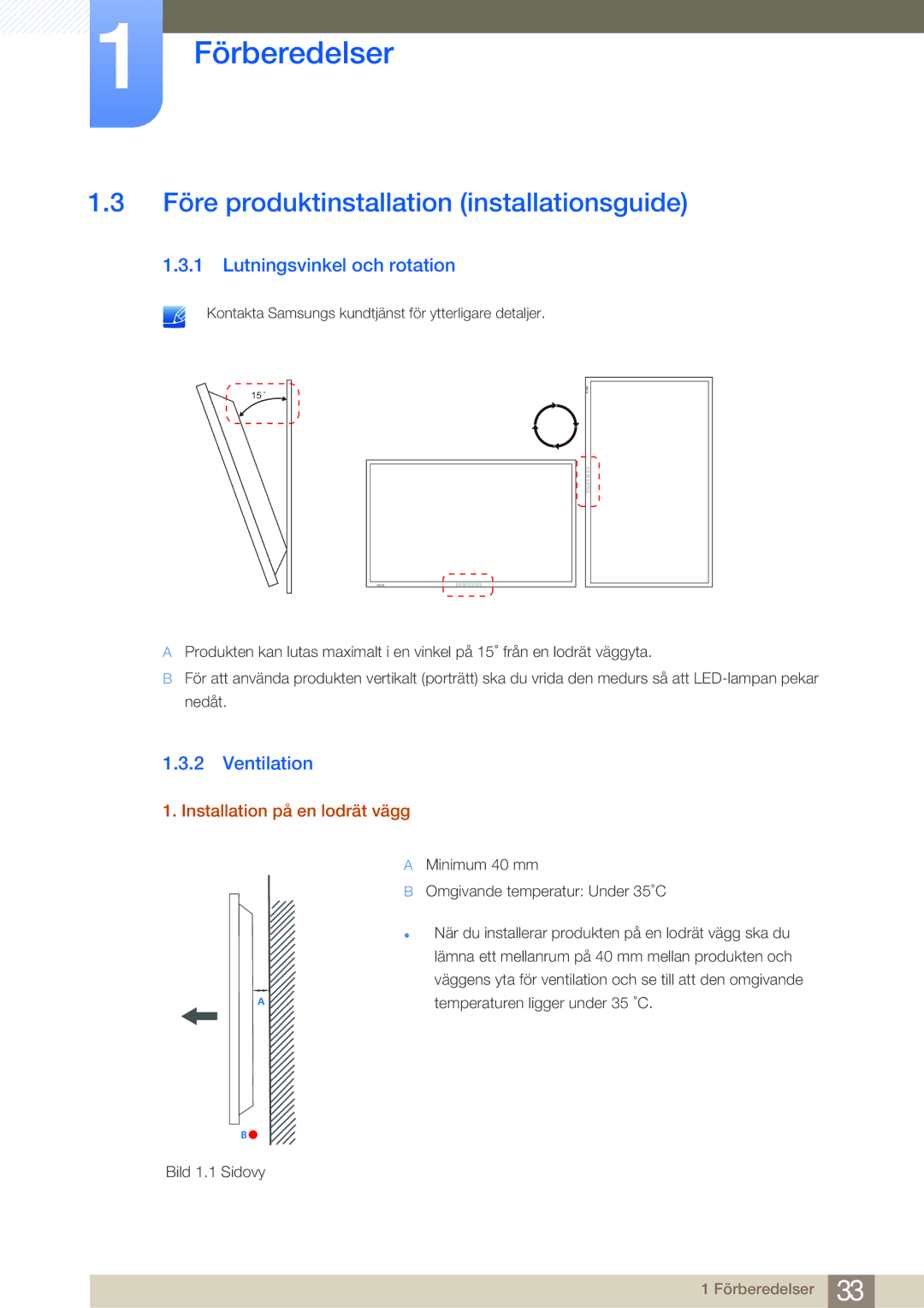 Samsung LH75MEBPLGC/EN manual Före produktinstallation installationsguide, Lutningsvinkel och rotation, Ventilation 