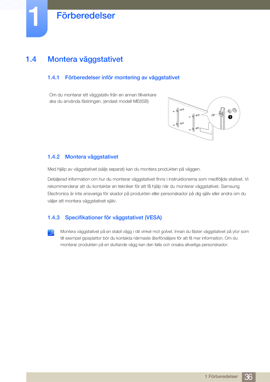 Samsung LH65MEBPLGC/EN, LH75MEBPLGC/EN manual Montera väggstativet, 1 Förberedelser inför montering av väggstativet 