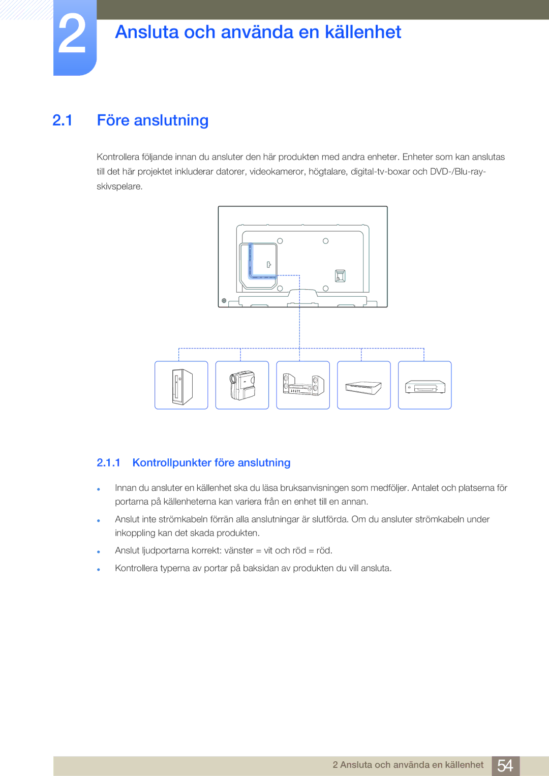 Samsung LH65MEBPLGC/EN, LH75MEBPLGC/EN Ansluta och använda en källenhet, Före anslutning, Kontrollpunkter före anslutning 