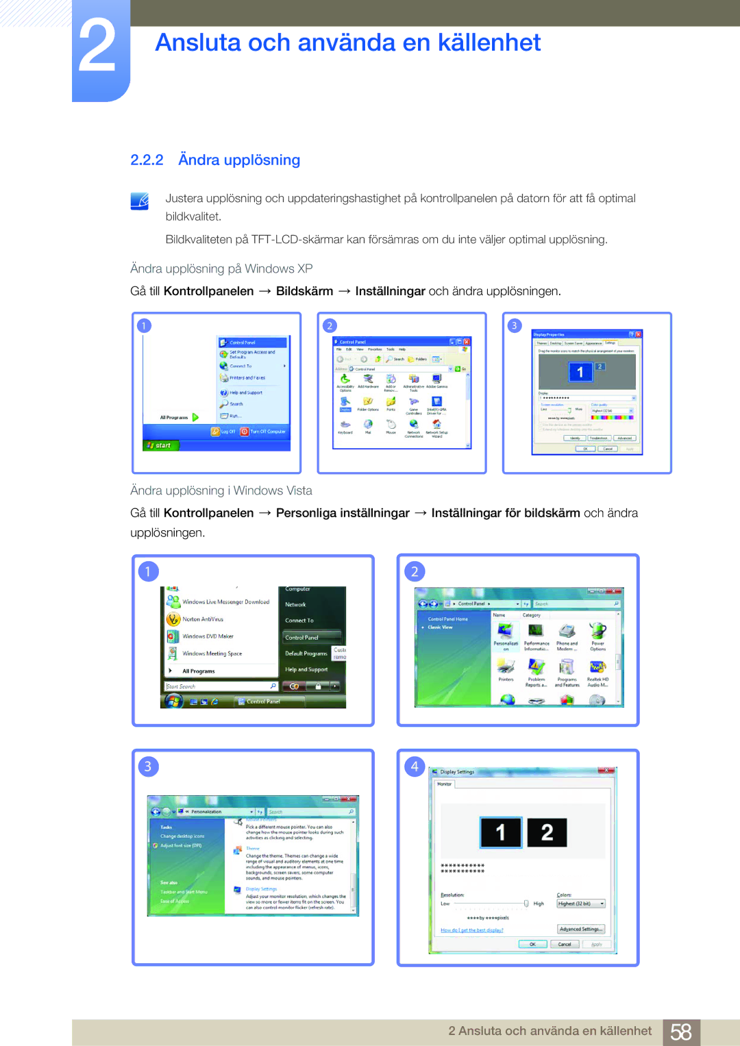 Samsung LH65MEBPLGC/EN manual 2 Ändra upplösning, Ändra upplösning på Windows XP, Ändra upplösning i Windows Vista 