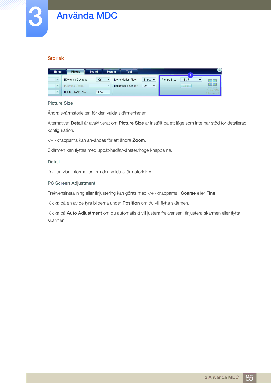 Samsung LH75MEBPLGC/EN, LH65MEBPLGC/EN manual Storlek, Picture Size, Detail, PC Screen Adjustment 