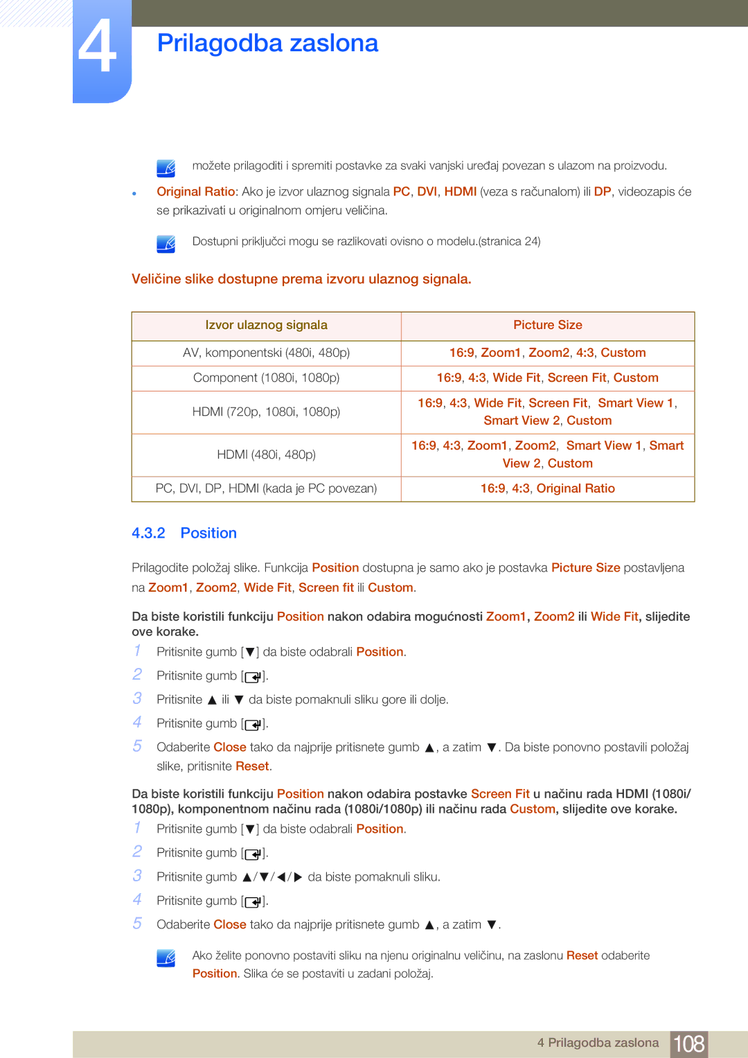 Samsung LH65MEBPLGC/EN, LH75MEBPLGC/EN manual Position, Veličine slike dostupne prema izvoru ulaznog signala 