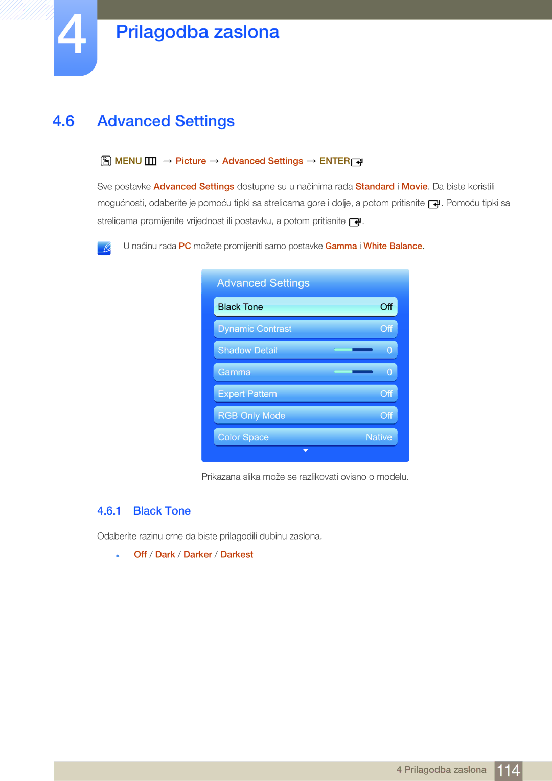 Samsung LH65MEBPLGC/EN manual Black Tone, Menu m Picture Advanced Settings Enter, Off / Dark / Darker / Darkest 