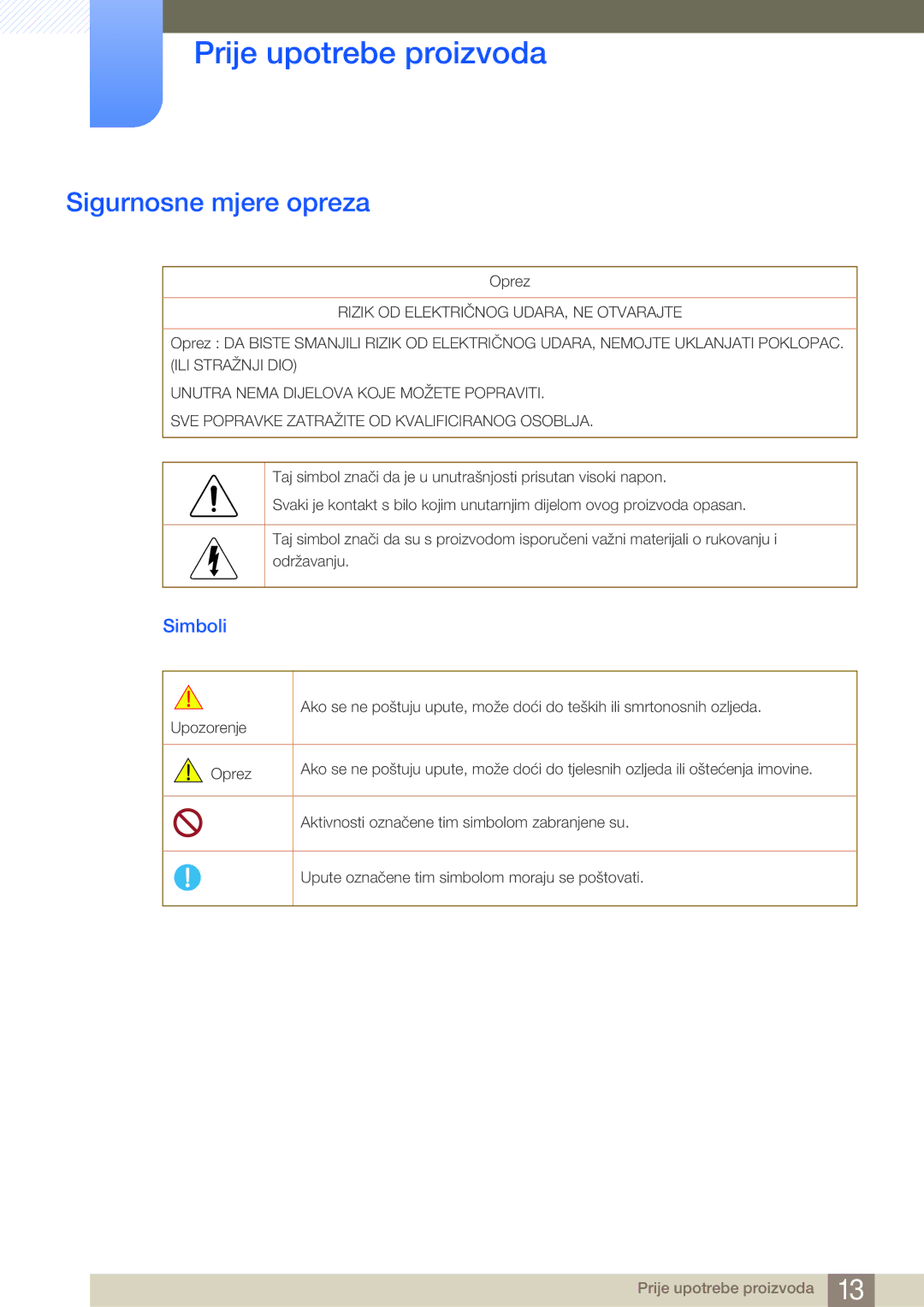 Samsung LH75MEBPLGC/EN, LH65MEBPLGC/EN manual Sigurnosne mjere opreza, Simboli, Upozorenje Oprez 