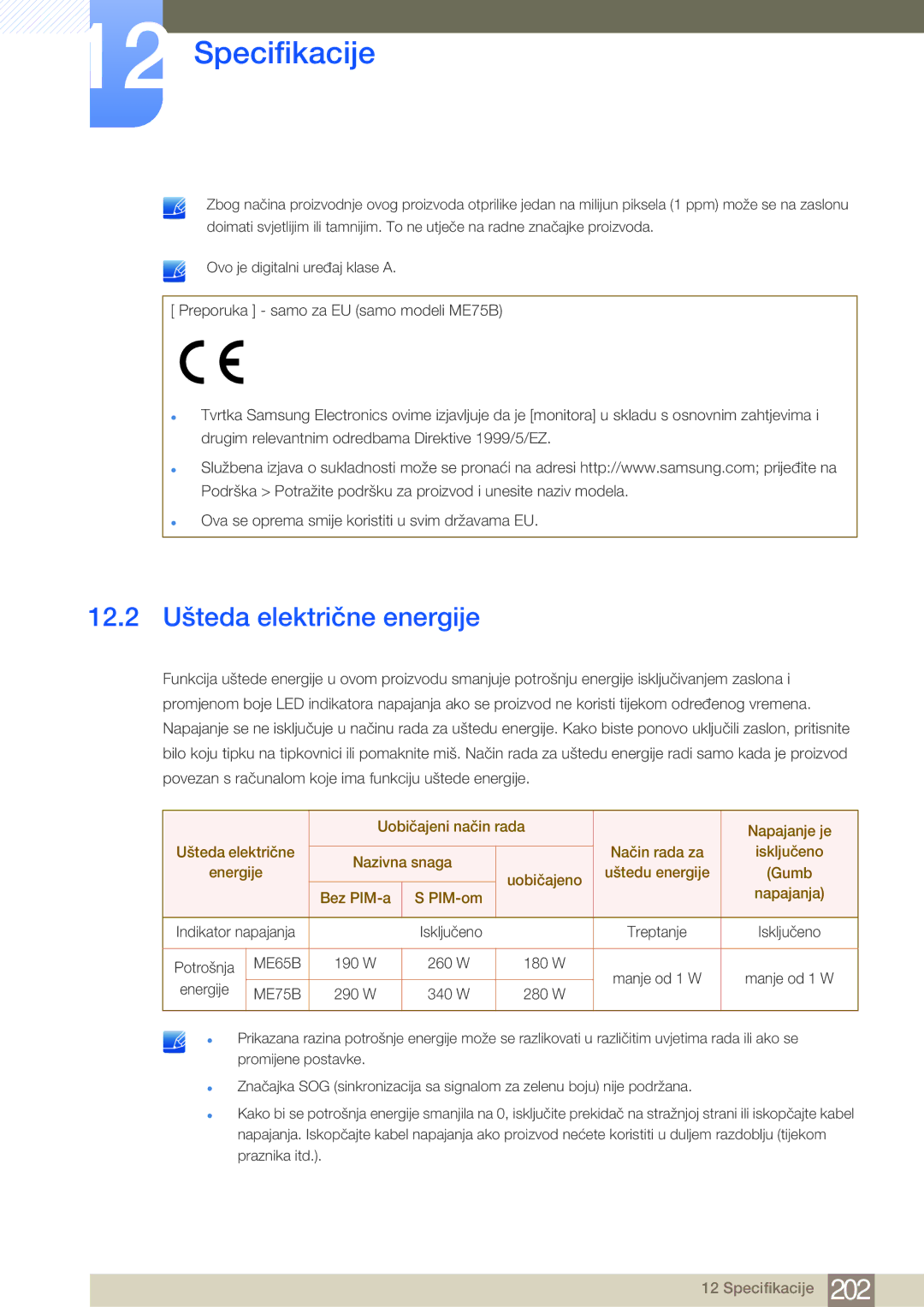 Samsung LH65MEBPLGC/EN, LH75MEBPLGC/EN manual 12.2 Ušteda električne energije, Indikator napajanja, Potrošnja 