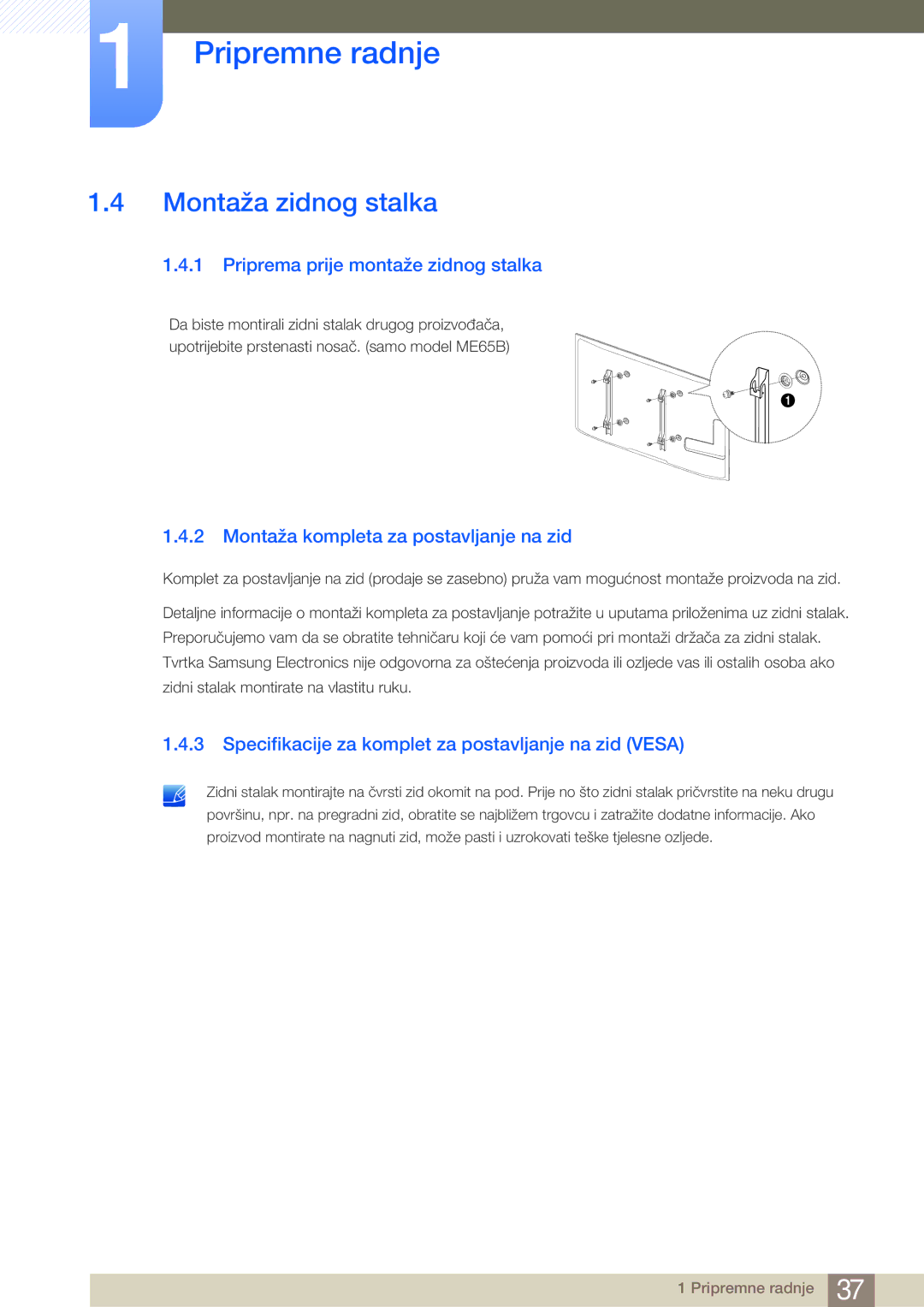 Samsung LH75MEBPLGC/EN, LH65MEBPLGC/EN manual Montaža zidnog stalka, Priprema prije montaže zidnog stalka 