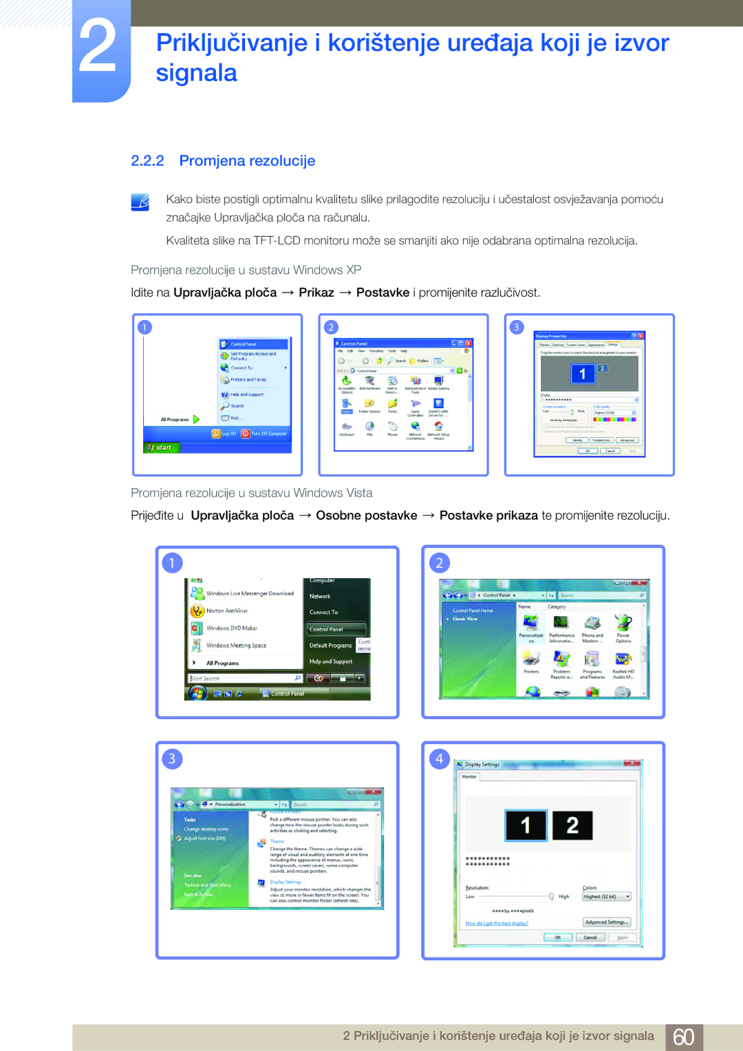 Samsung LH65MEBPLGC/EN manual Promjena rezolucije u sustavu Windows XP, Promjena rezolucije u sustavu Windows Vista 