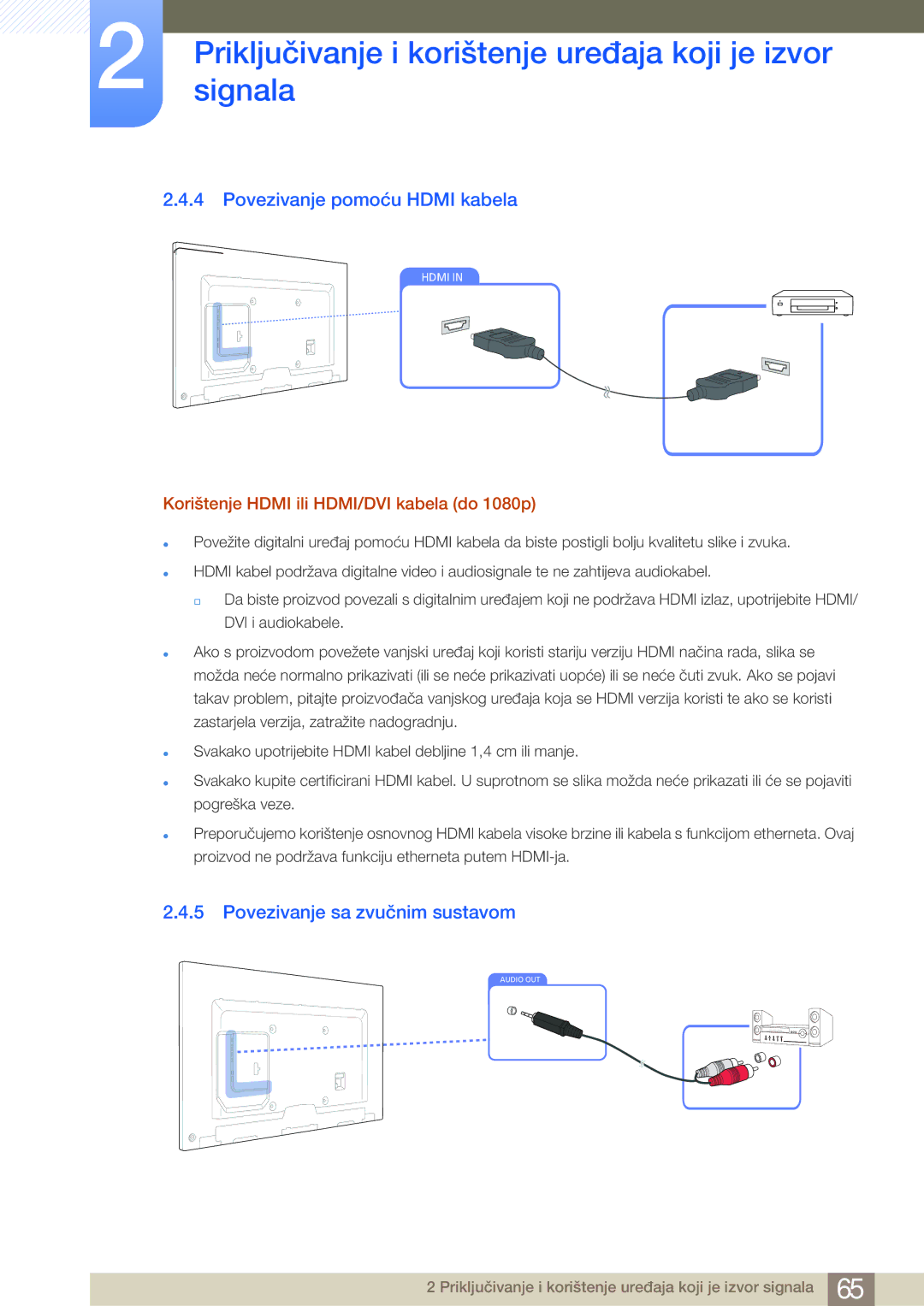 Samsung LH75MEBPLGC/EN, LH65MEBPLGC/EN manual Povezivanje pomoću Hdmi kabela, Povezivanje sa zvučnim sustavom 