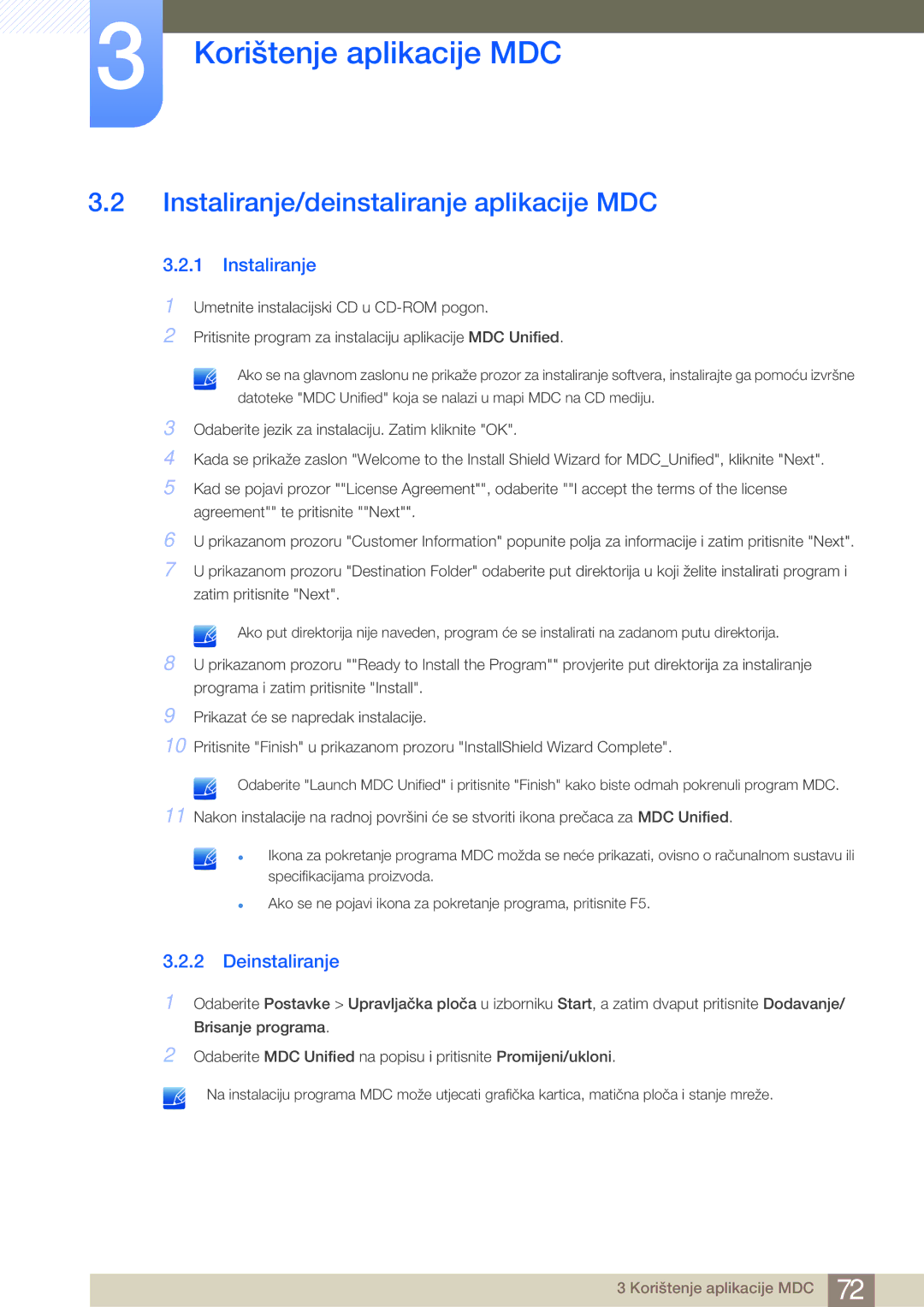 Samsung LH65MEBPLGC/EN, LH75MEBPLGC/EN manual Instaliranje/deinstaliranje aplikacije MDC, Deinstaliranje 