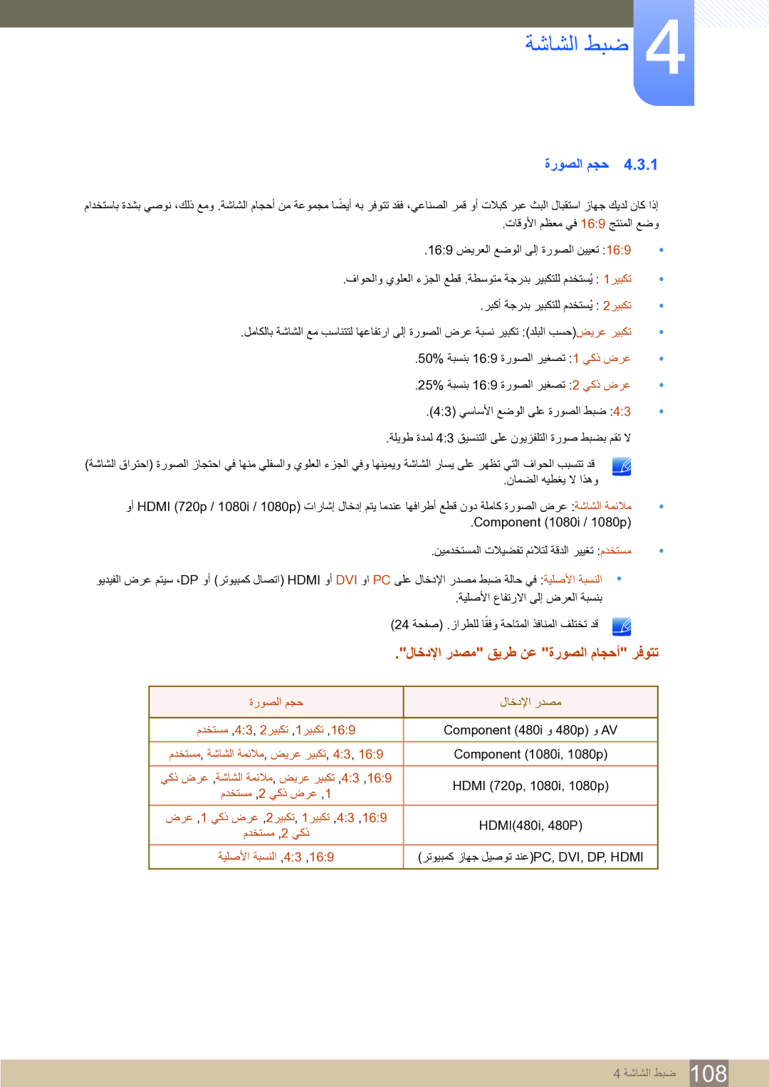 Samsung LH65MEBPLGC/EN, LH75MEBPLGC/NG, LH65MEBPLGC/NG manual ﺓﺭﻮﺼﻟﺍ ﻢﺠﺣ, ﻝﺎﺧﺩﻹﺍ ﺭﺪﺼﻣ ﻖﻳﺮﻃ ﻦﻋ ﺓﺭﻮﺼﻟﺍ ﻡﺎﺠﺣﺃ ﺮﻓﻮﺘﺗ 