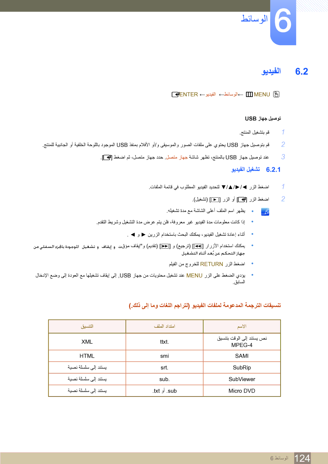 Samsung LH75MEBPLGC/NG, LH65MEBPLGC/EN manual ﻮﻳﺪﻴﻔﻟﺍ ﻞﻴﻐﺸﺗ, Enter ←ﻮﻳﺪﻴﻔﻟﺍ ←ﻂﺋﺎﺳﻮﻟﺍ← mMENU O, ﻖﻴﺴﻨﺘﻟﺍ ﻒﻠﻤﻟﺍ ﺩﺍﺪﺘﻣﺍ ﻢﺳﻻﺍ 