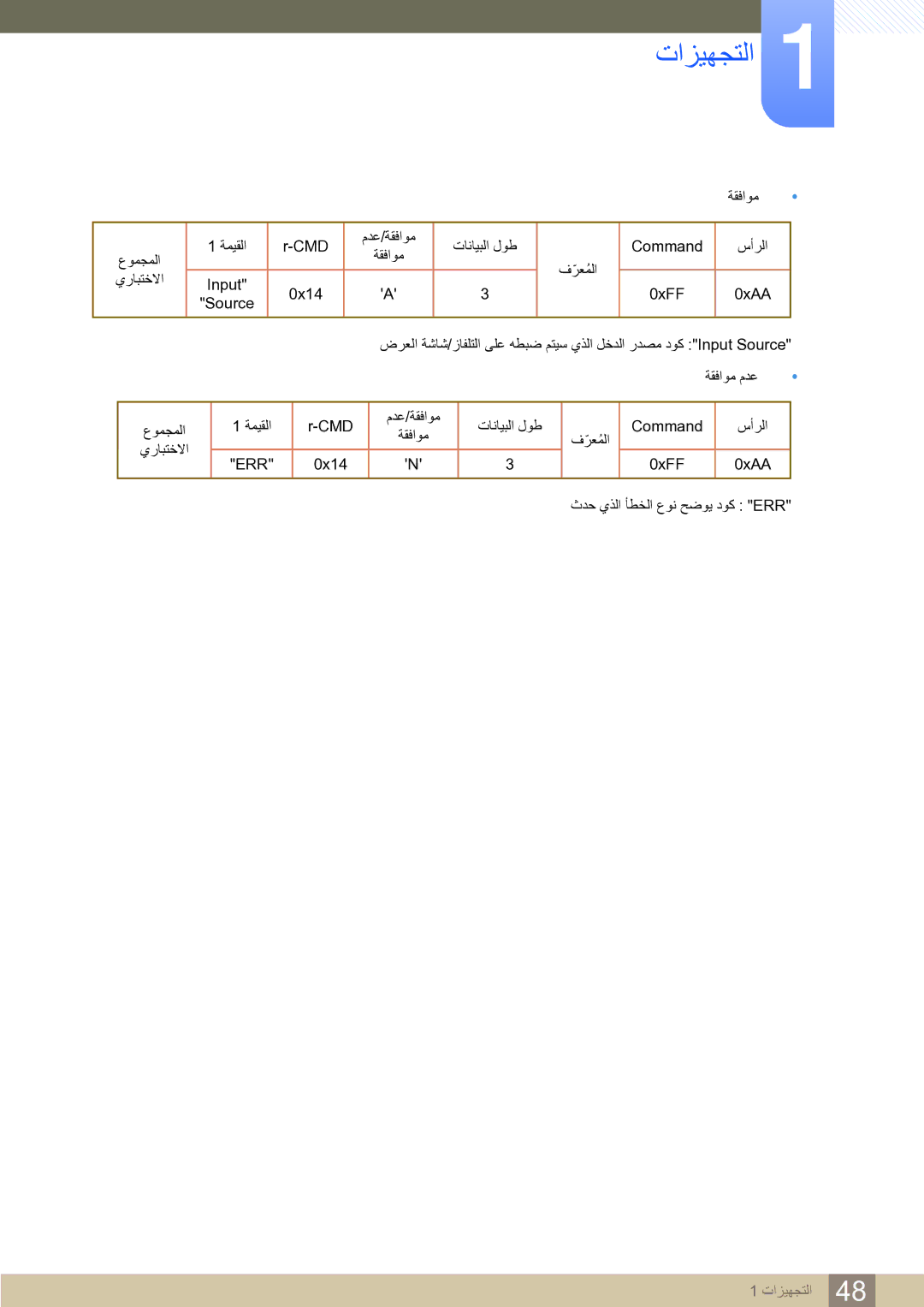 Samsung LH65MEBPLGC/EN, LH75MEBPLGC/NG, LH65MEBPLGC/NG manual ﺔﻘﻓﺍﻮﻣ ﺔﻤﻴﻘﻟﺍ CMD ﻡﺪﻋ/ﺔﻘﻓﺍﻮﻣ ﺕﺎﻧﺎﻴﺒﻟﺍ ﻝﻮﻃ Command 