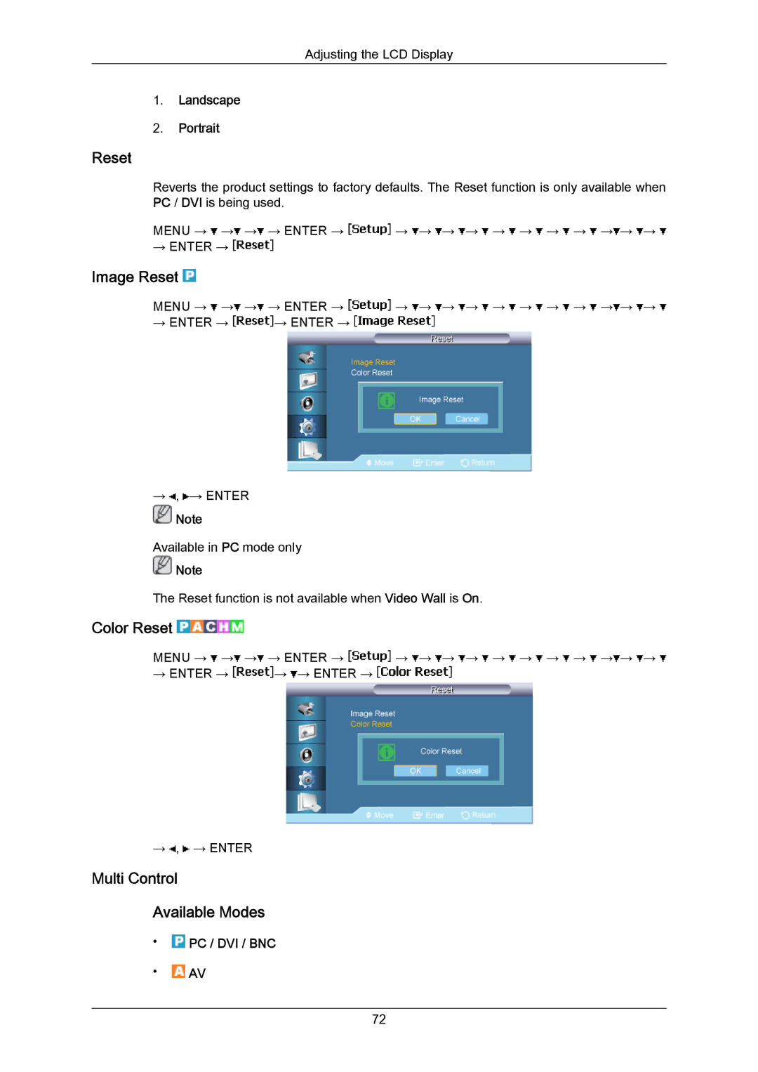 Samsung LH65MGPLBF/XJ, LH65MGPLBF/EN, LH65MGPLBF/XY manual Image Reset, Color Reset, Multi Control Available Modes 