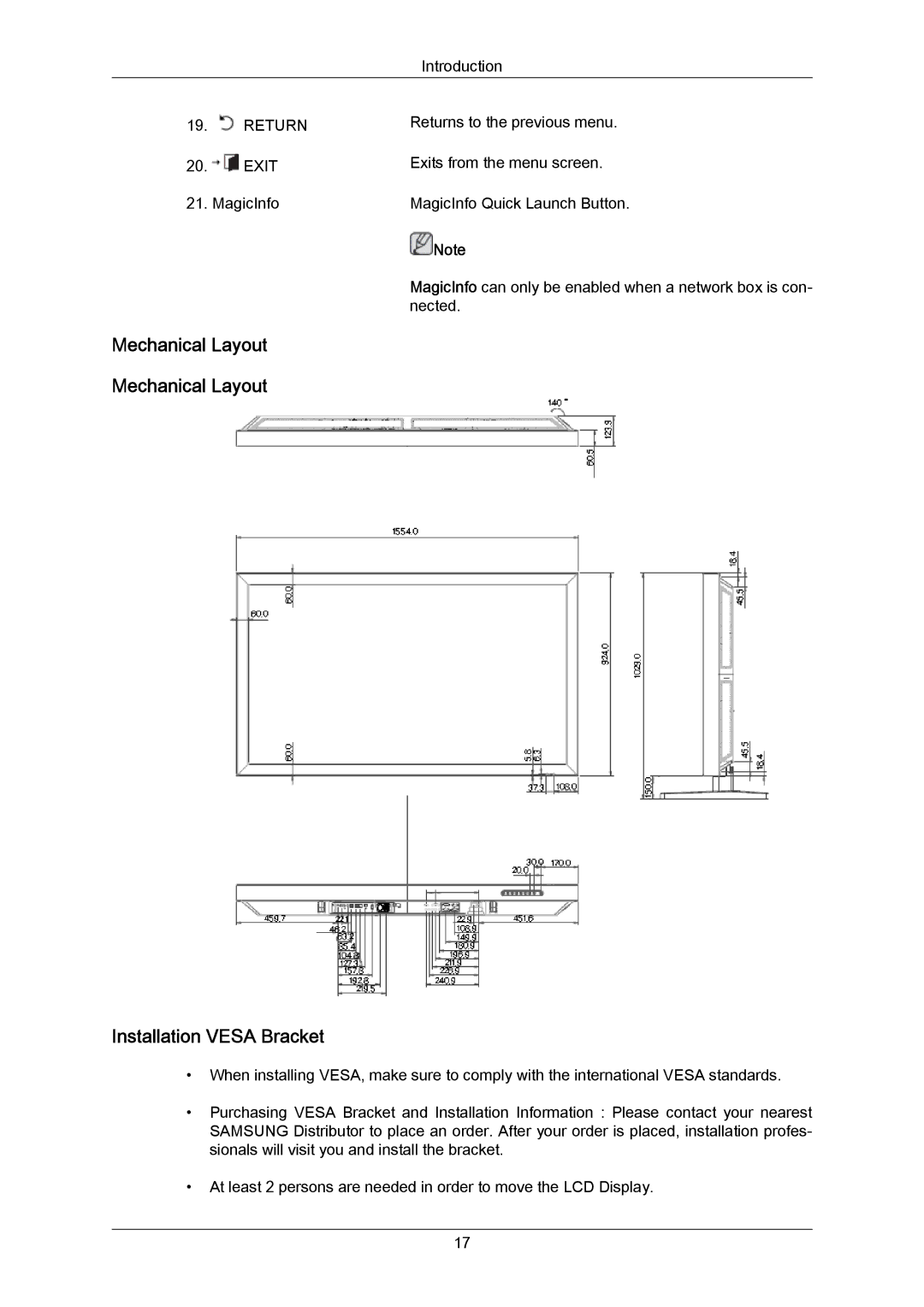 Samsung LH65MGPLBF/EN, LH65MGPLBF/XJ, LH65MGPLBF/XY manual Installation Vesa Bracket, Mechanical Layout Mechanical Layout 