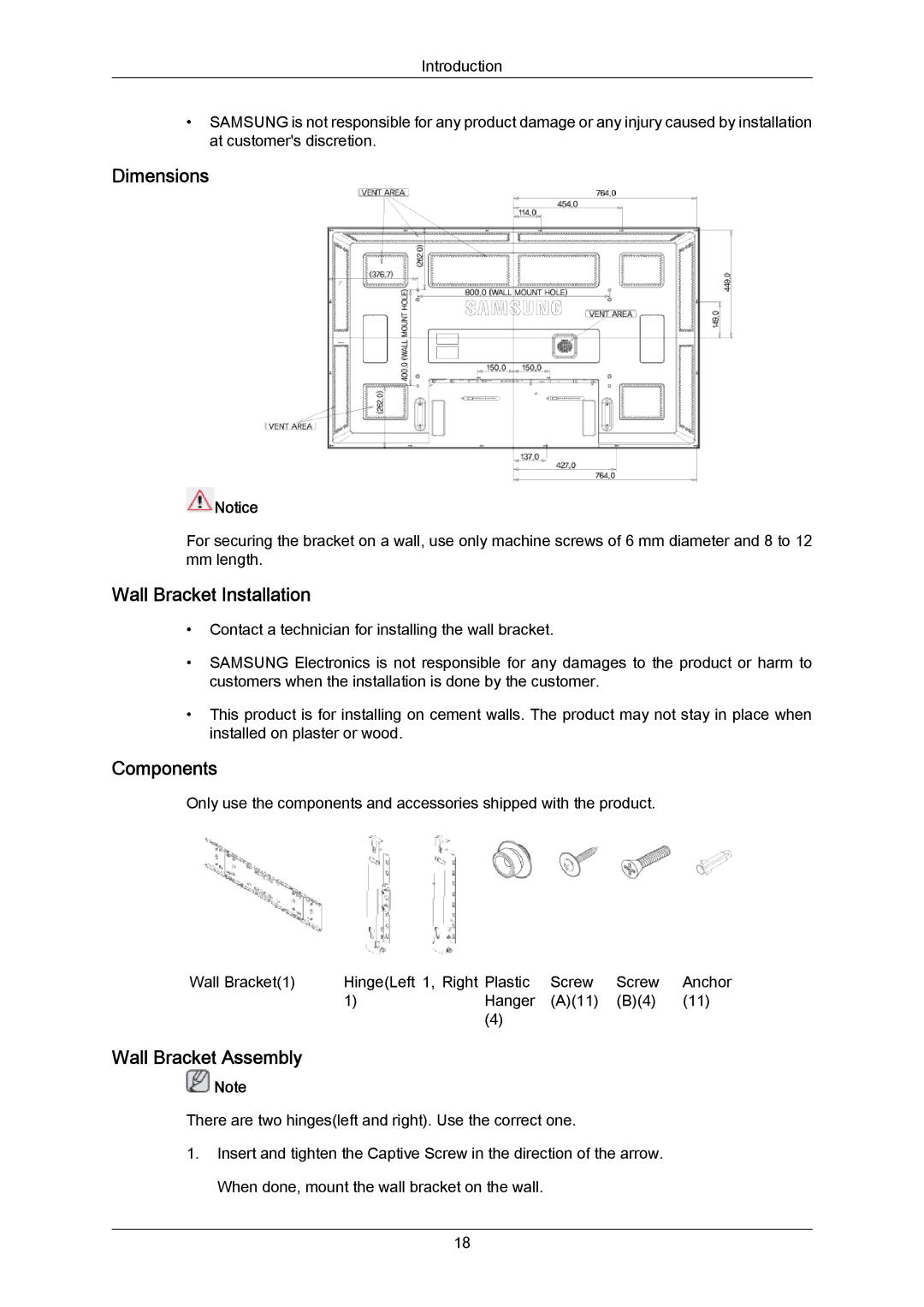 Samsung LH65MGPLBF/XJ, LH65MGPLBF/EN manual Dimensions, Wall Bracket Installation, Components, Wall Bracket Assembly 