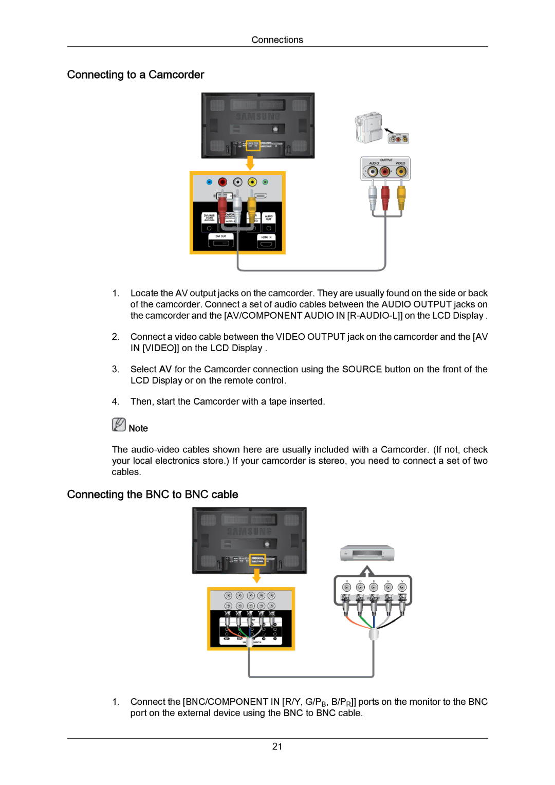 Samsung LH65MGPLBF/EN, LH65MGPLBF/XJ, LH65MGPLBF/XY manual Connecting to a Camcorder, Connecting the BNC to BNC cable 