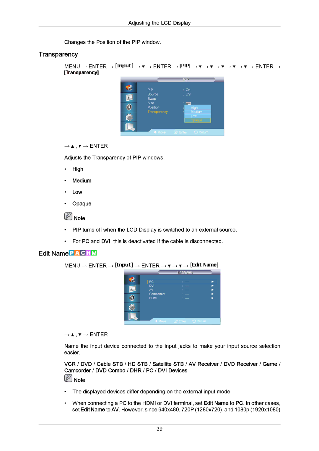 Samsung LH65MGPLBF/XJ, LH65MGPLBF/EN, LH65MGPLBF/XY manual Transparency, Edit Name, High Medium Low Opaque 