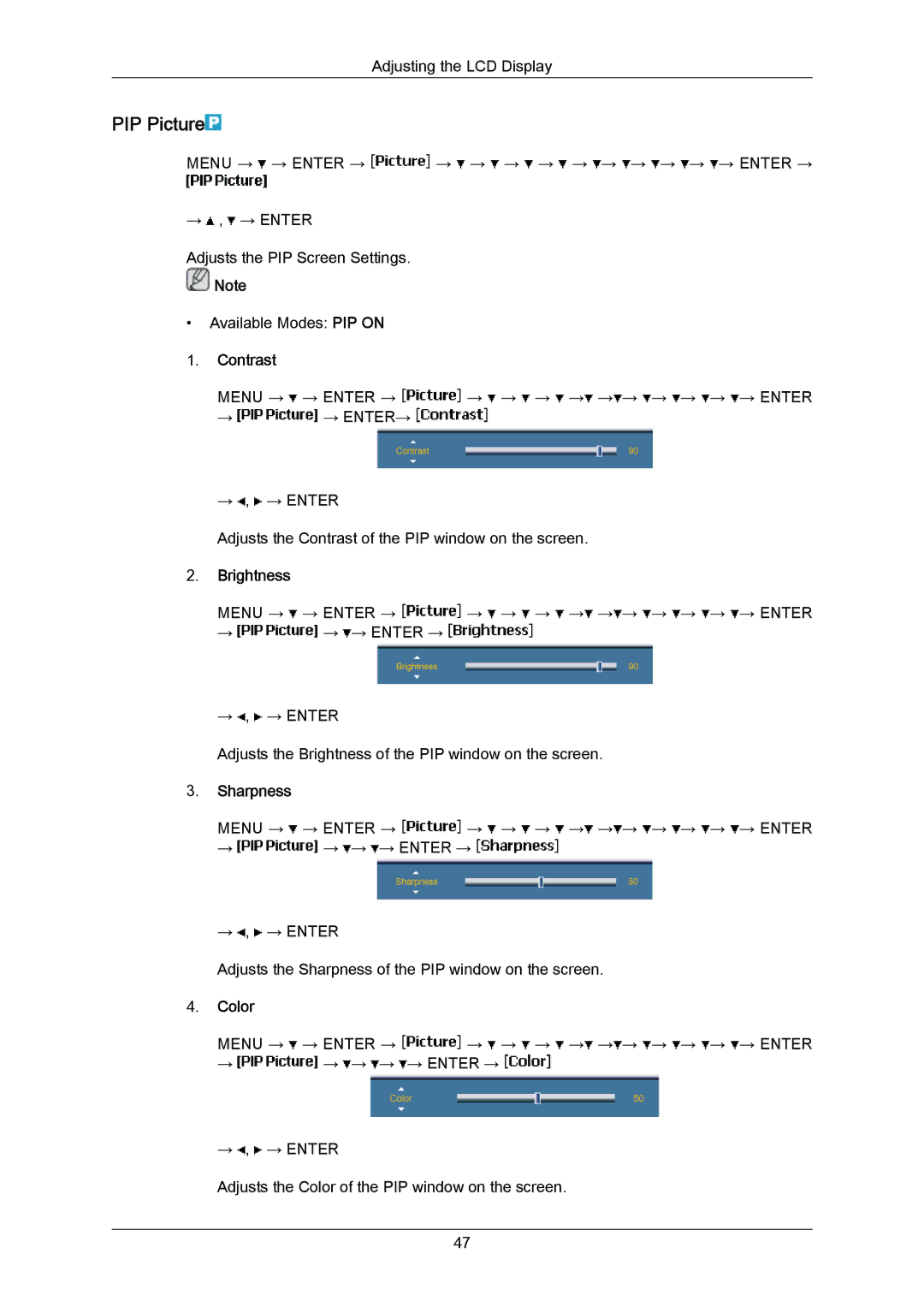 Samsung LH65MGPLBF/EN, LH65MGPLBF/XJ, LH65MGPLBF/XY manual PIP Picture, Color 