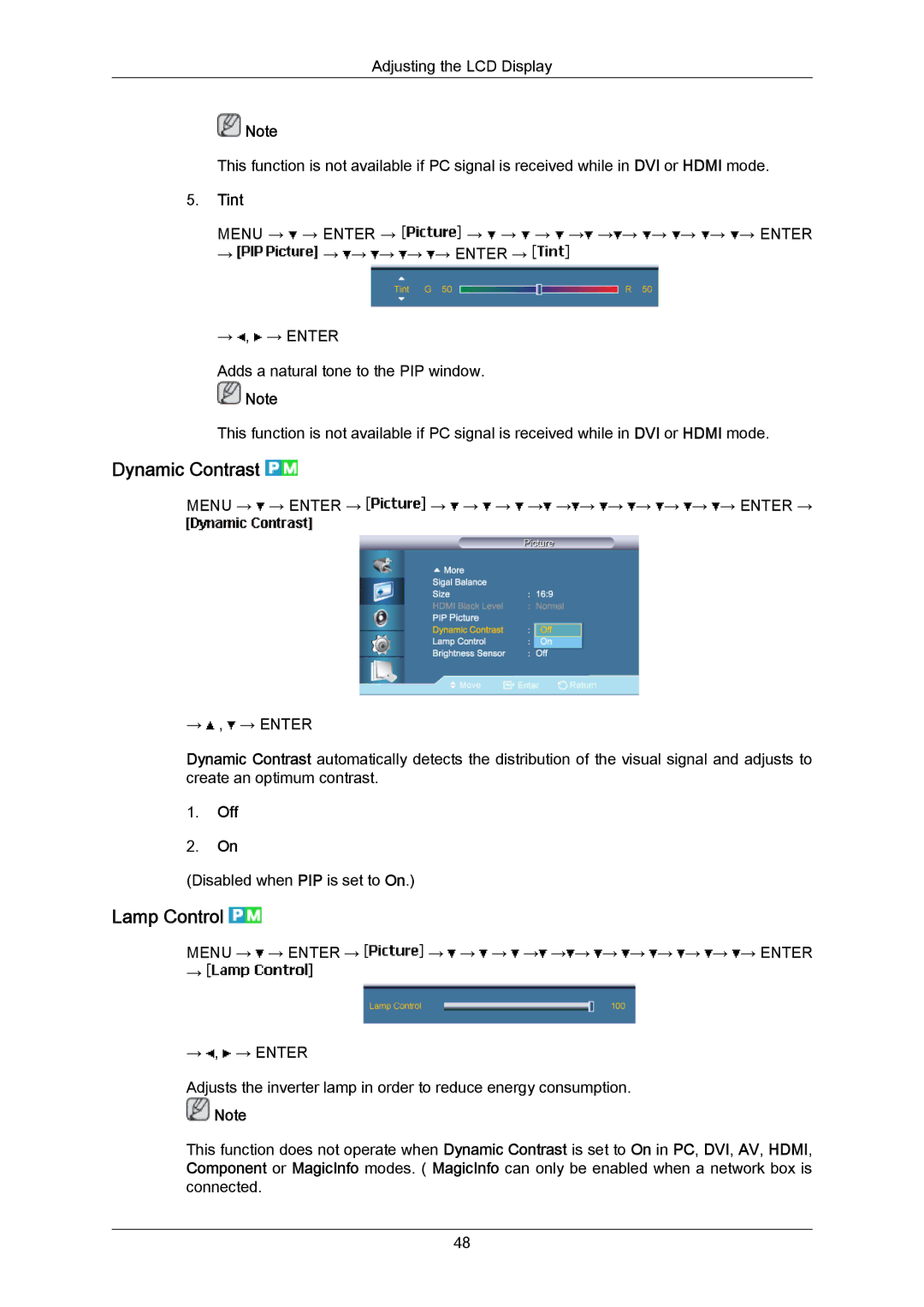 Samsung LH65MGPLBF/XJ, LH65MGPLBF/EN, LH65MGPLBF/XY manual Dynamic Contrast, Lamp Control, Tint 