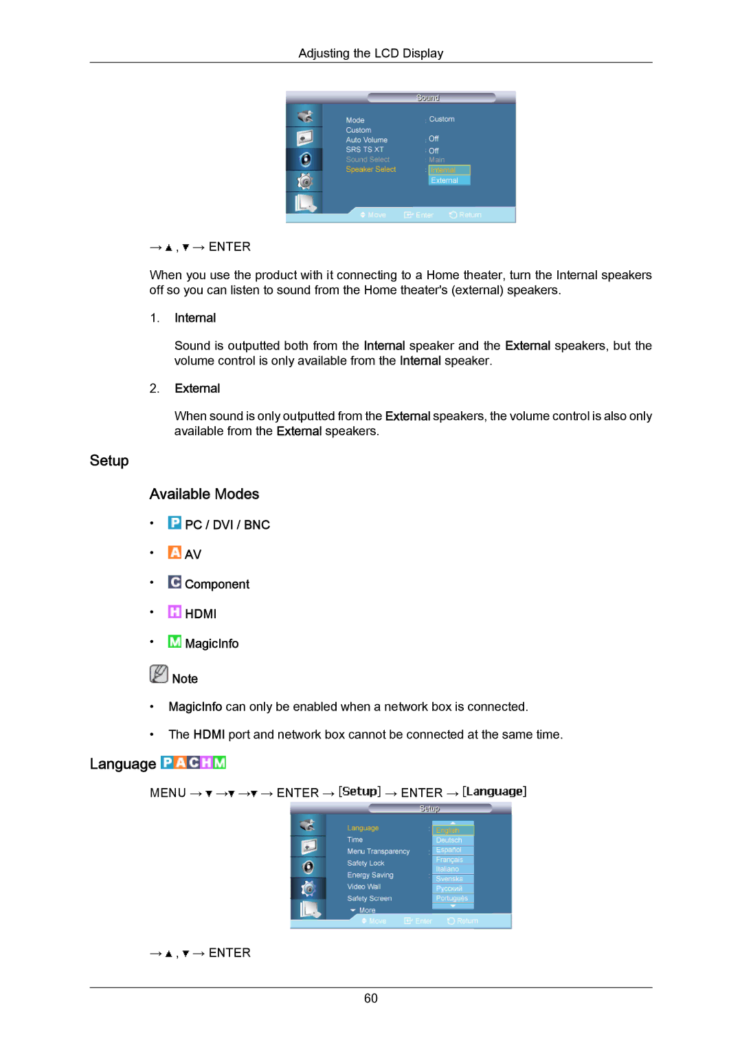 Samsung LH65MGPLBF/XJ, LH65MGPLBF/EN, LH65MGPLBF/XY manual Setup Available Modes, Language, Internal, External 