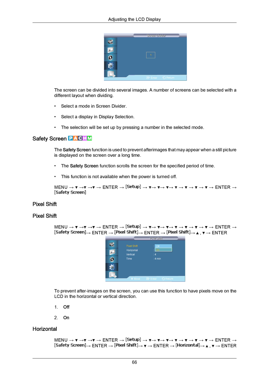 Samsung LH65MGPLBF/XJ, LH65MGPLBF/EN, LH65MGPLBF/XY manual Safety Screen, Pixel Shift 
