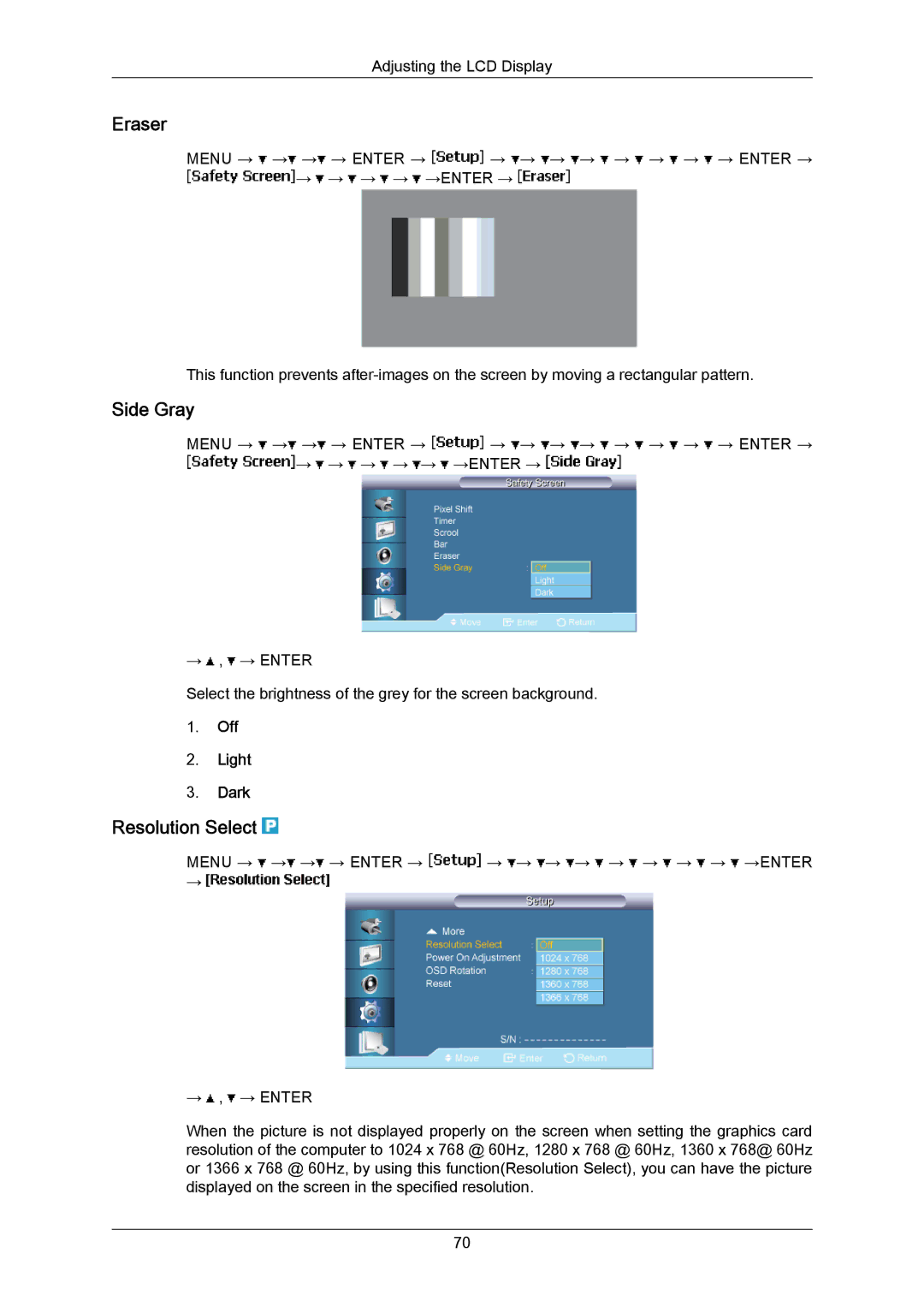 Samsung LH65MGPLBF/XY, LH65MGPLBF/EN, LH65MGPLBF/XJ manual Eraser, Side Gray, Resolution Select, Off Light Dark 