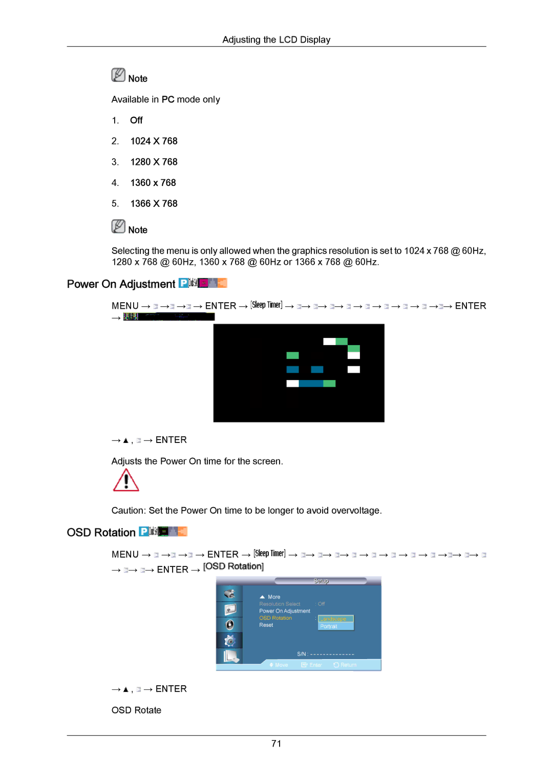 Samsung LH65MGPLBF/EN, LH65MGPLBF/XJ, LH65MGPLBF/XY manual Power On Adjustment, OSD Rotation, Off 1024 X 1280 X 1360 x 1366 X 