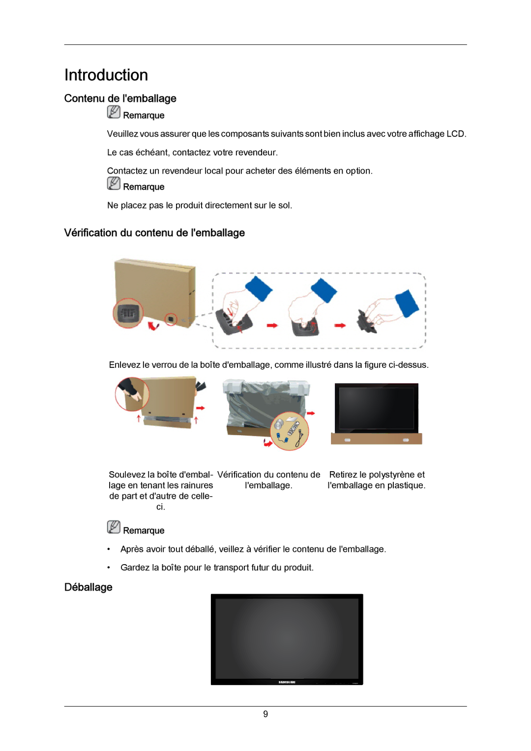 Samsung LH65MGPLBF/EN manual Contenu de lemballage, Vérification du contenu de lemballage, Déballage 