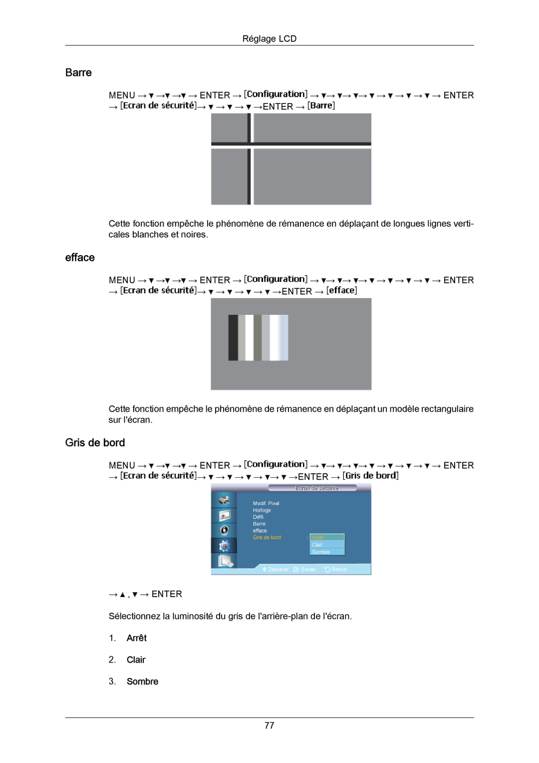 Samsung LH65MGPLBF/EN manual Barre, Efface, Gris de bord, Arrêt Clair Sombre 