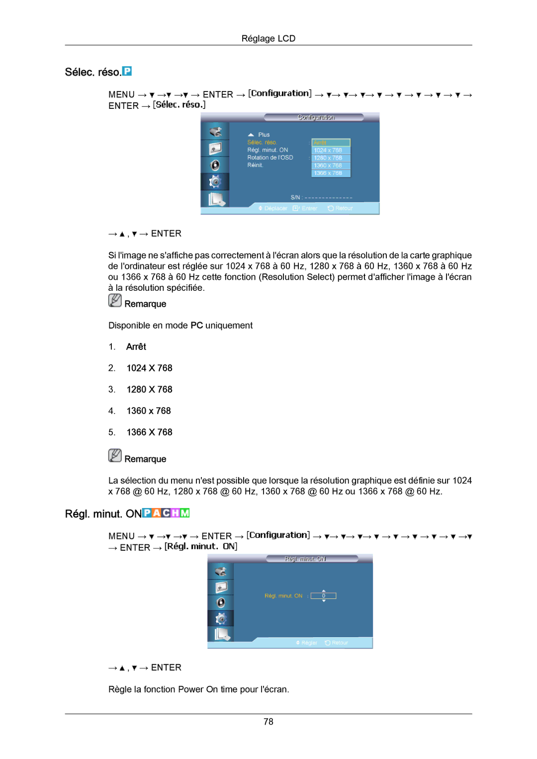 Samsung LH65MGPLBF/EN manual Sélec. réso, Régl. minut. on, Arrêt 1024 X 1280 X 1360 x 1366 X Remarque 