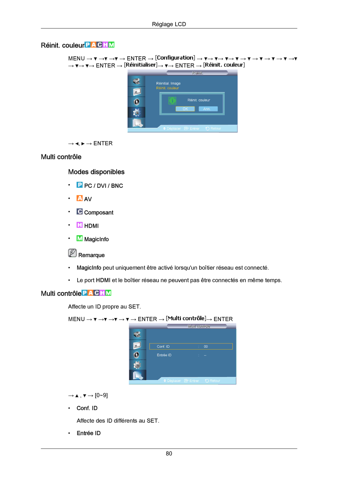 Samsung LH65MGPLBF/EN manual Réinit. couleur, Multi contrôle Modes disponibles, Conf. ID, Entrée ID 