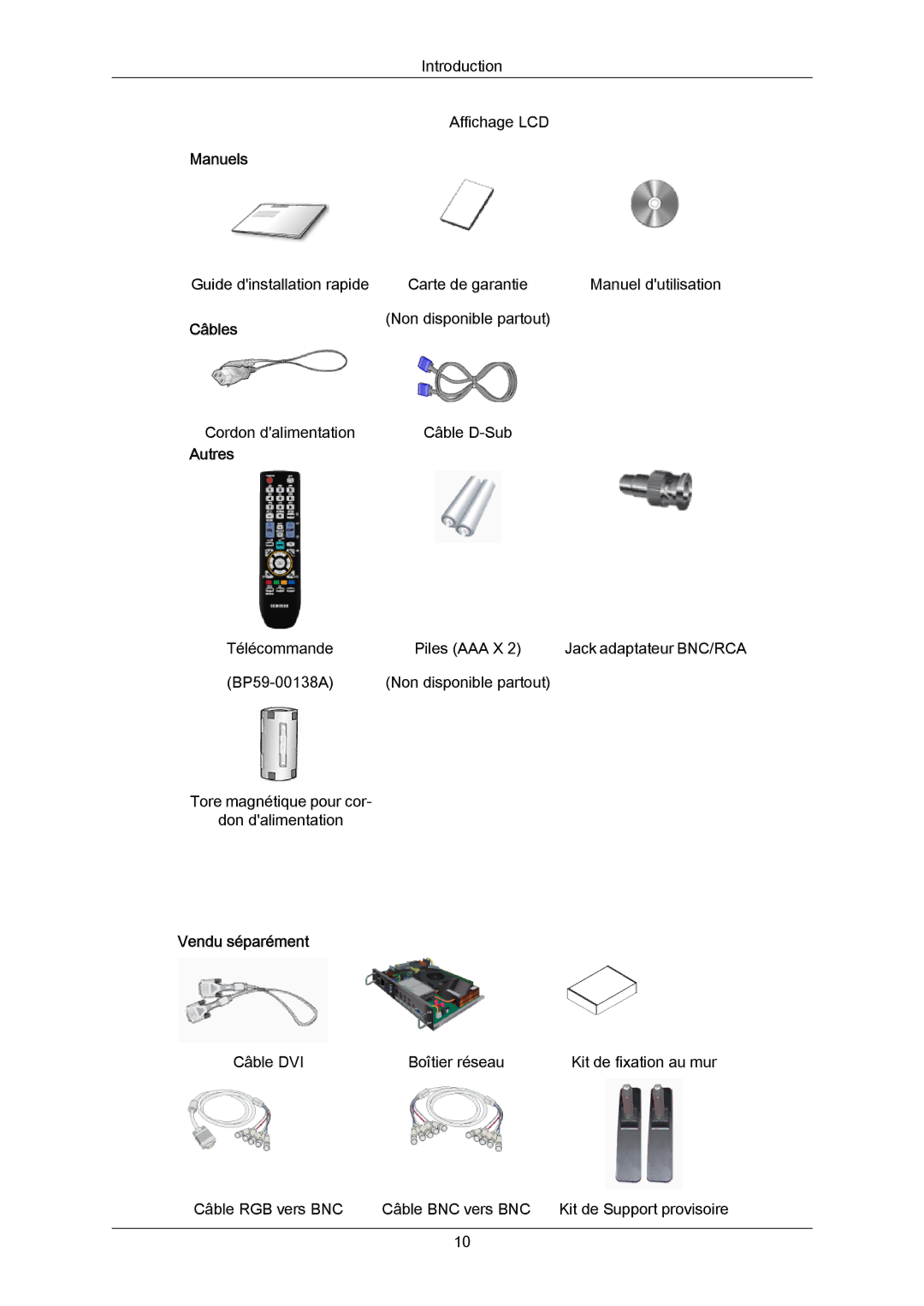 Samsung LH65MGPLBF/EN manual Manuels, Câbles, Autres, Vendu séparément 