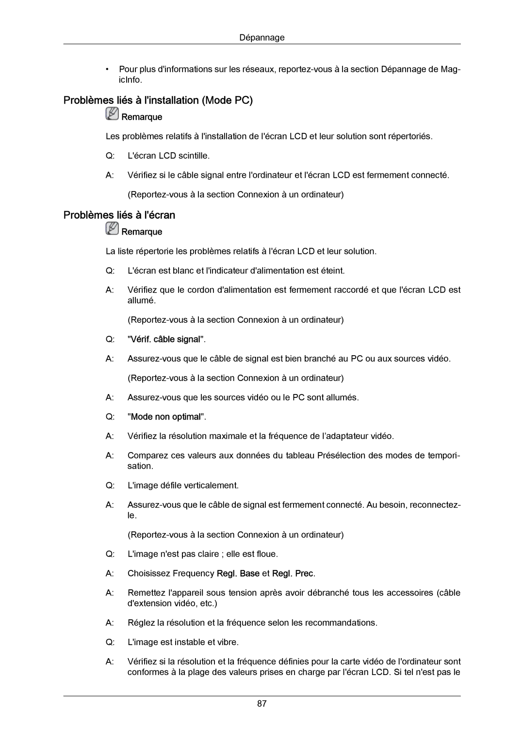 Samsung LH65MGPLBF/EN manual Problèmes liés à linstallation Mode PC, Problèmes liés à lécran, Vérif. câble signal 