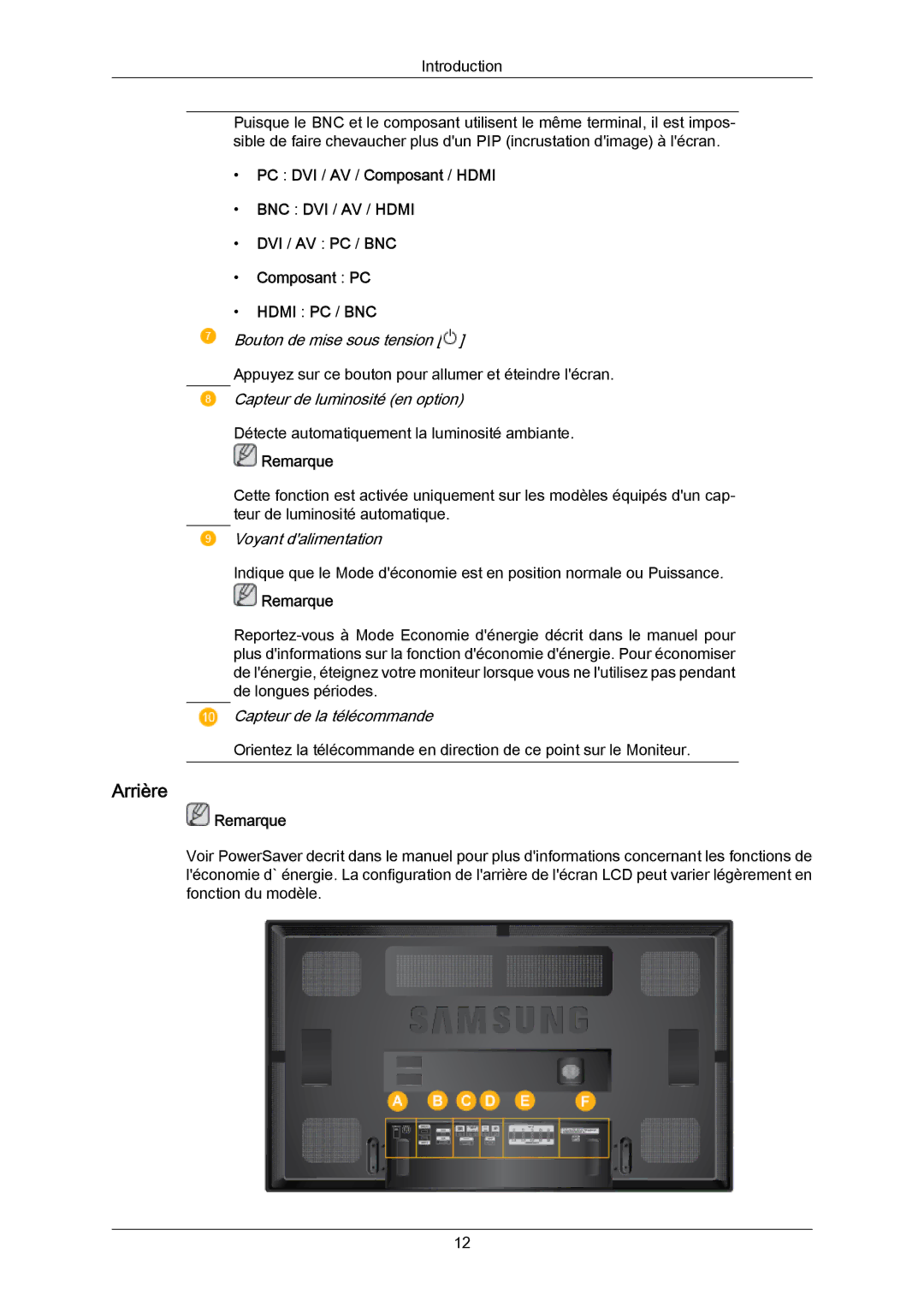 Samsung LH65MGPLBF/EN manual Arrière, PC DVI / AV / Composant / Hdmi, DVI / AV PC / BNC Composant PC 