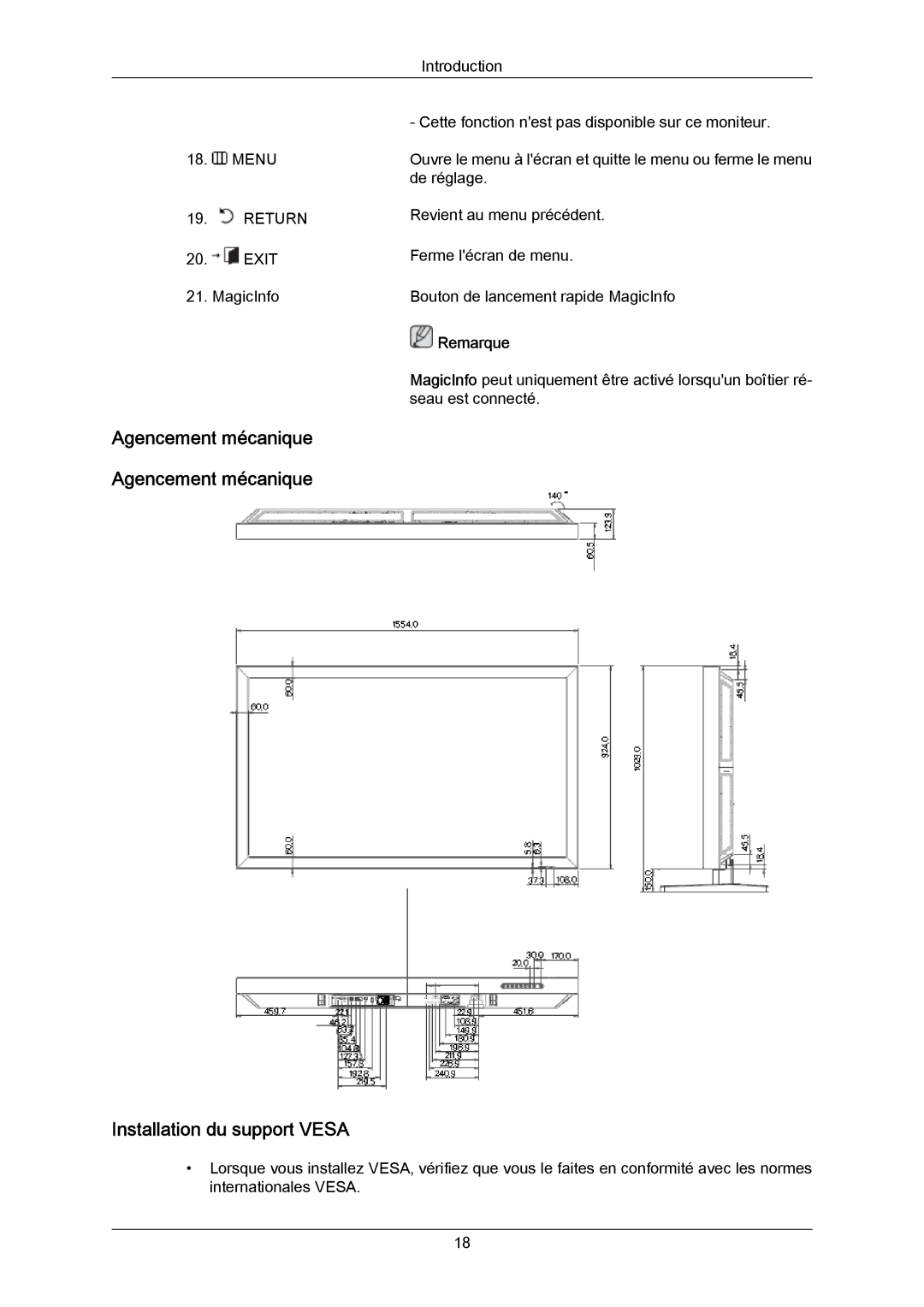 Samsung LH65MGPLBF/EN manual Installation du support Vesa, Agencement mécanique Agencement mécanique 