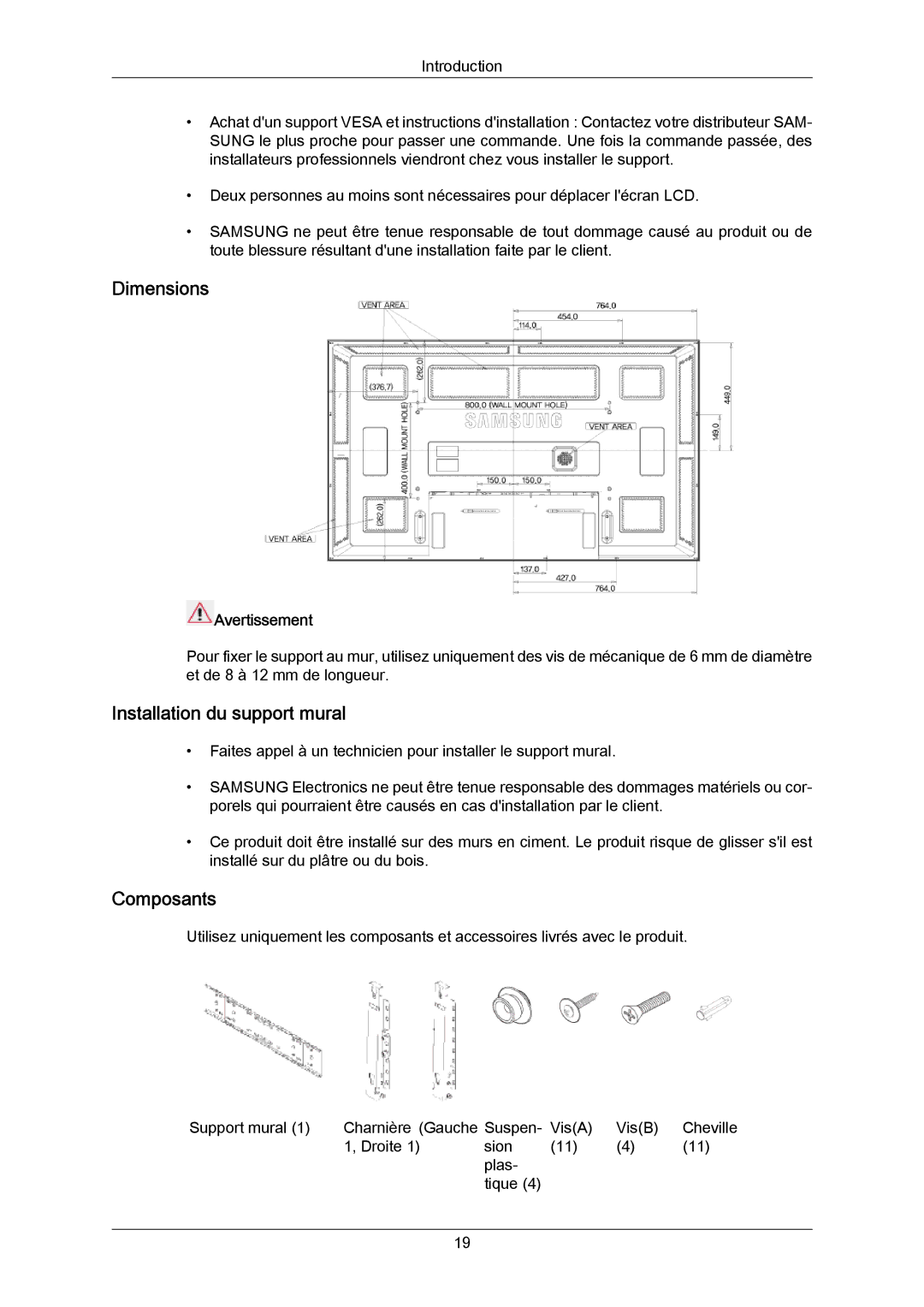 Samsung LH65MGPLBF/EN manual Dimensions, Installation du support mural, Composants, Avertissement 