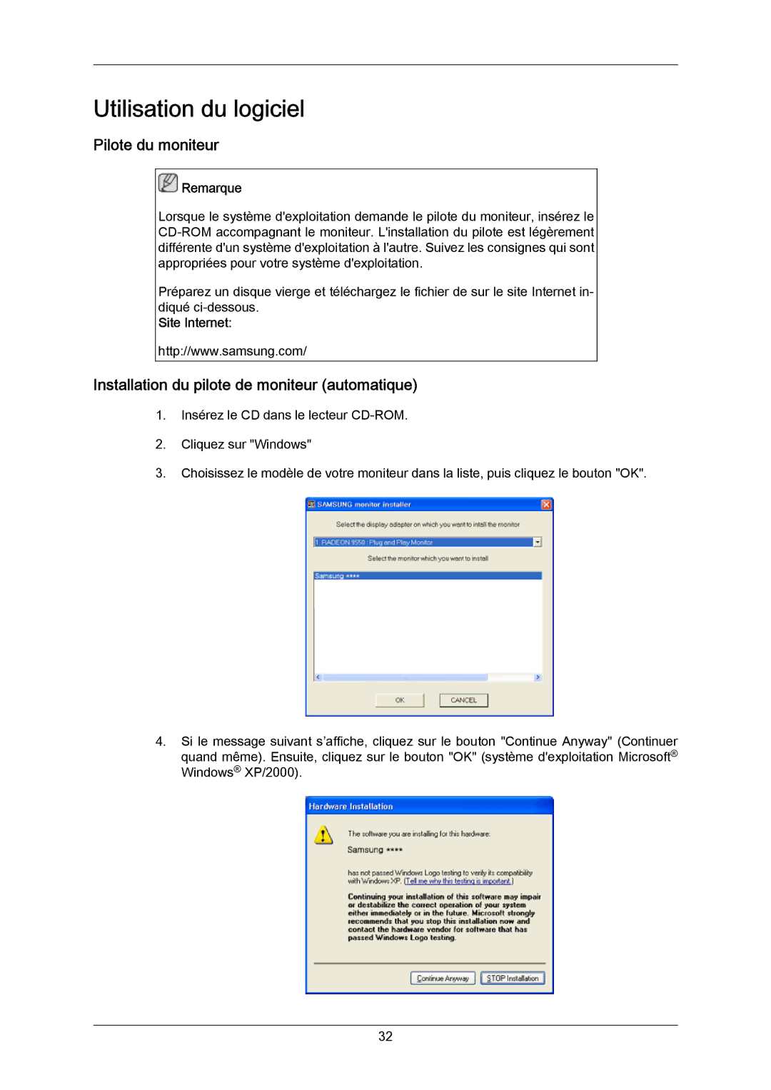 Samsung LH65MGPLBF/EN manual Pilote du moniteur, Installation du pilote de moniteur automatique, Site Internet 