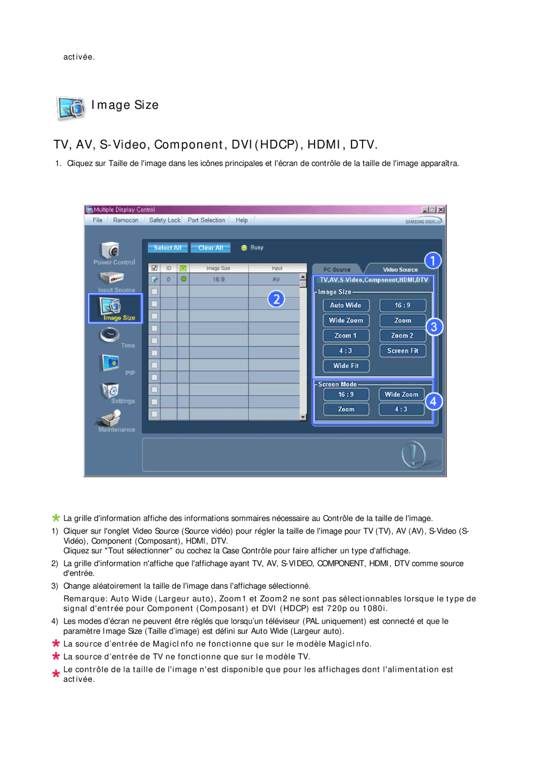 Samsung LH65MGPLBF/EN manual Image Size TV, AV, S-Video, Component, DVIHDCP, HDMI, DTV 