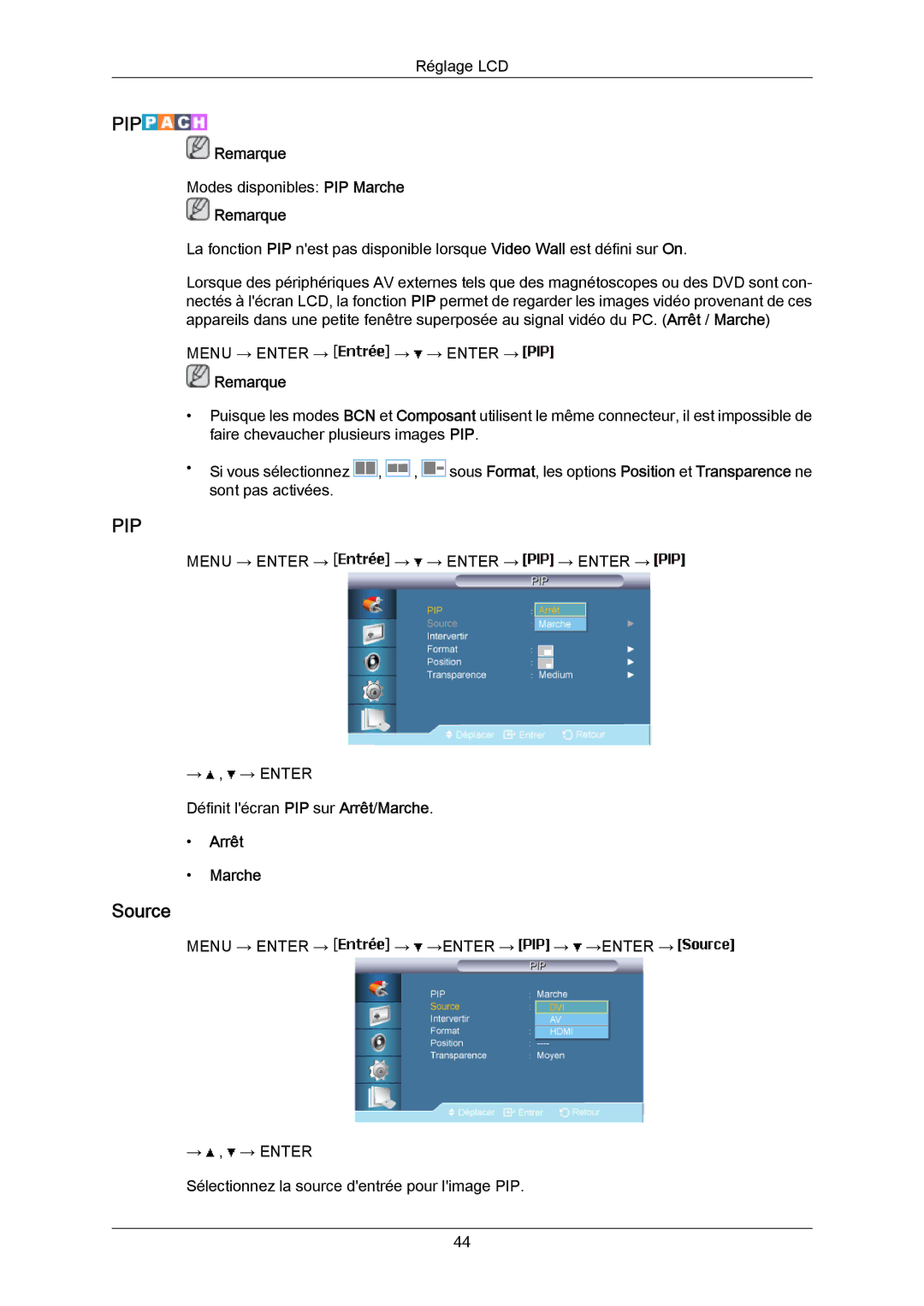 Samsung LH65MGPLBF/EN manual Source, Arrêt Marche 